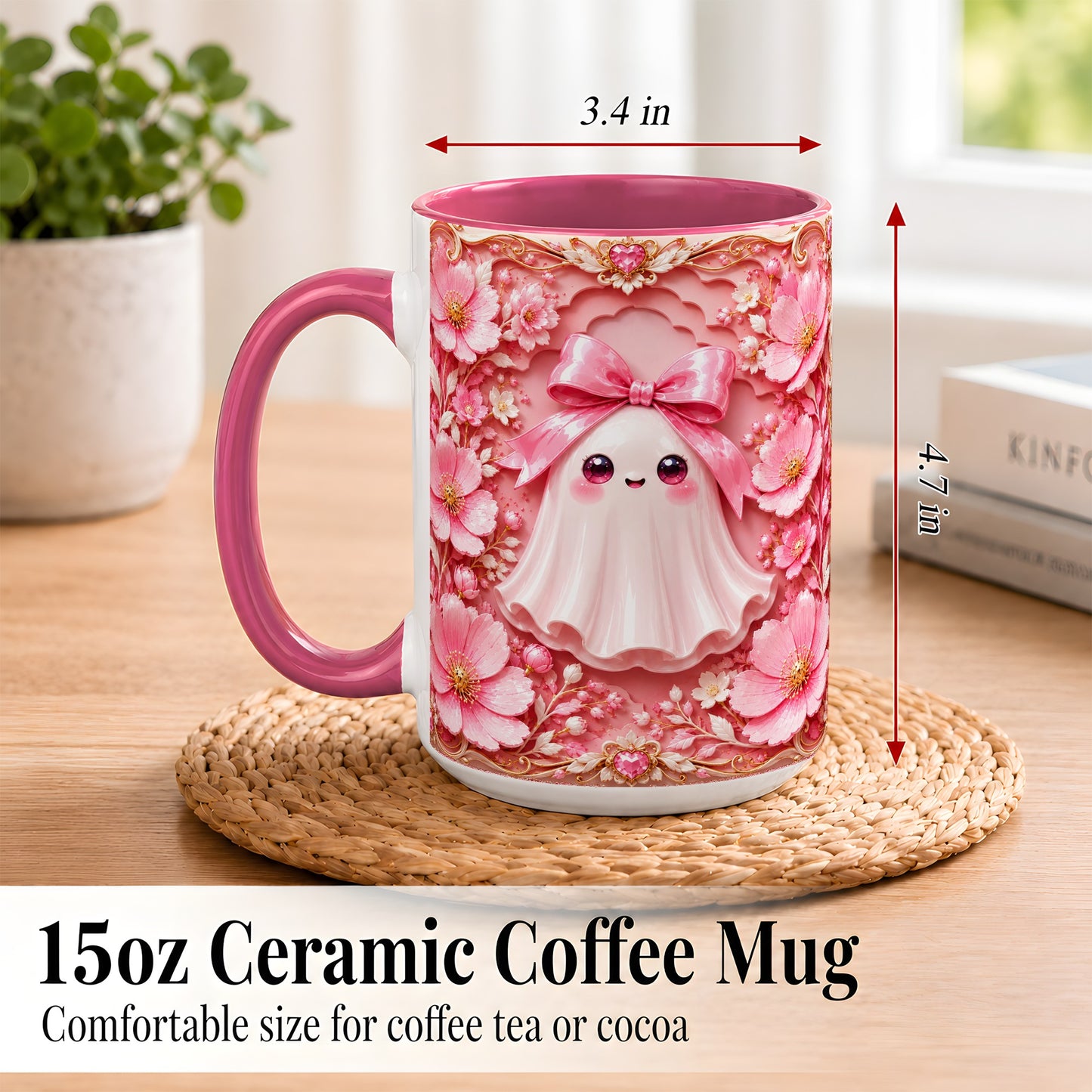 #pl[15oz|Pink] Pink Ghost Coffee Mug, Floral Bow Mug, Ceramic Cup with Garden Art