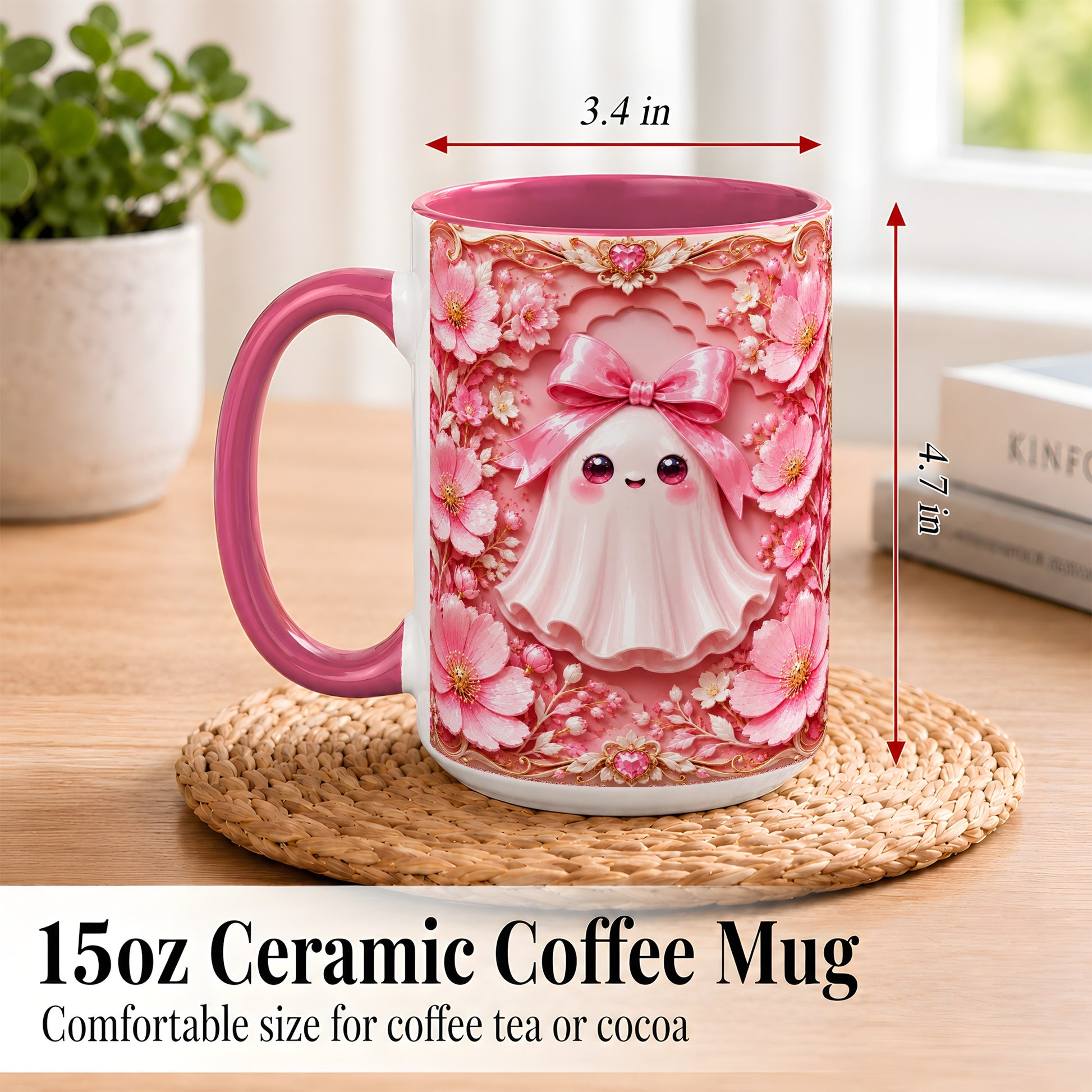 #pl[15oz|Pink] Pink Ghost Coffee Mug, Floral Bow Mug, Ceramic Cup with Garden Art