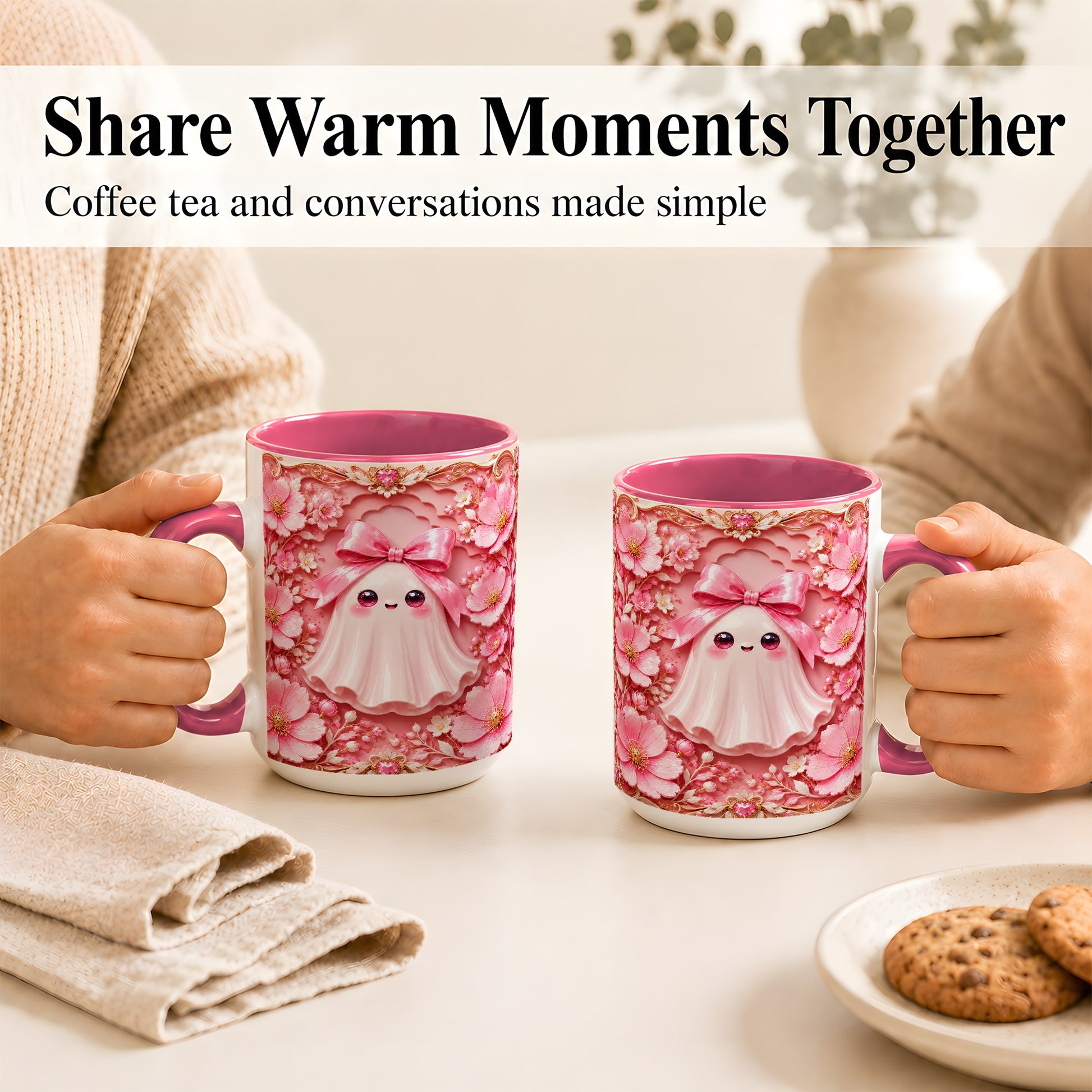 #pl[15oz|Pink] Pink Ghost Coffee Mug, Floral Bow Mug, Ceramic Cup with Garden Art