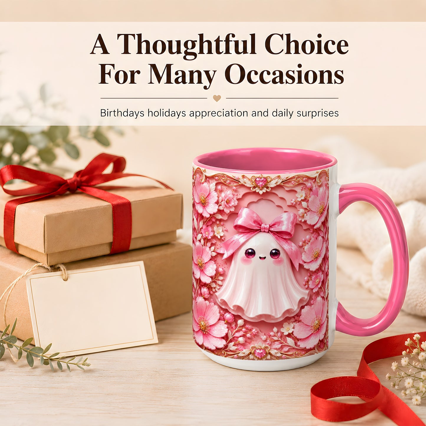 #pl[15oz|Pink] Pink Ghost Coffee Mug, Floral Bow Mug, Ceramic Cup with Garden Art