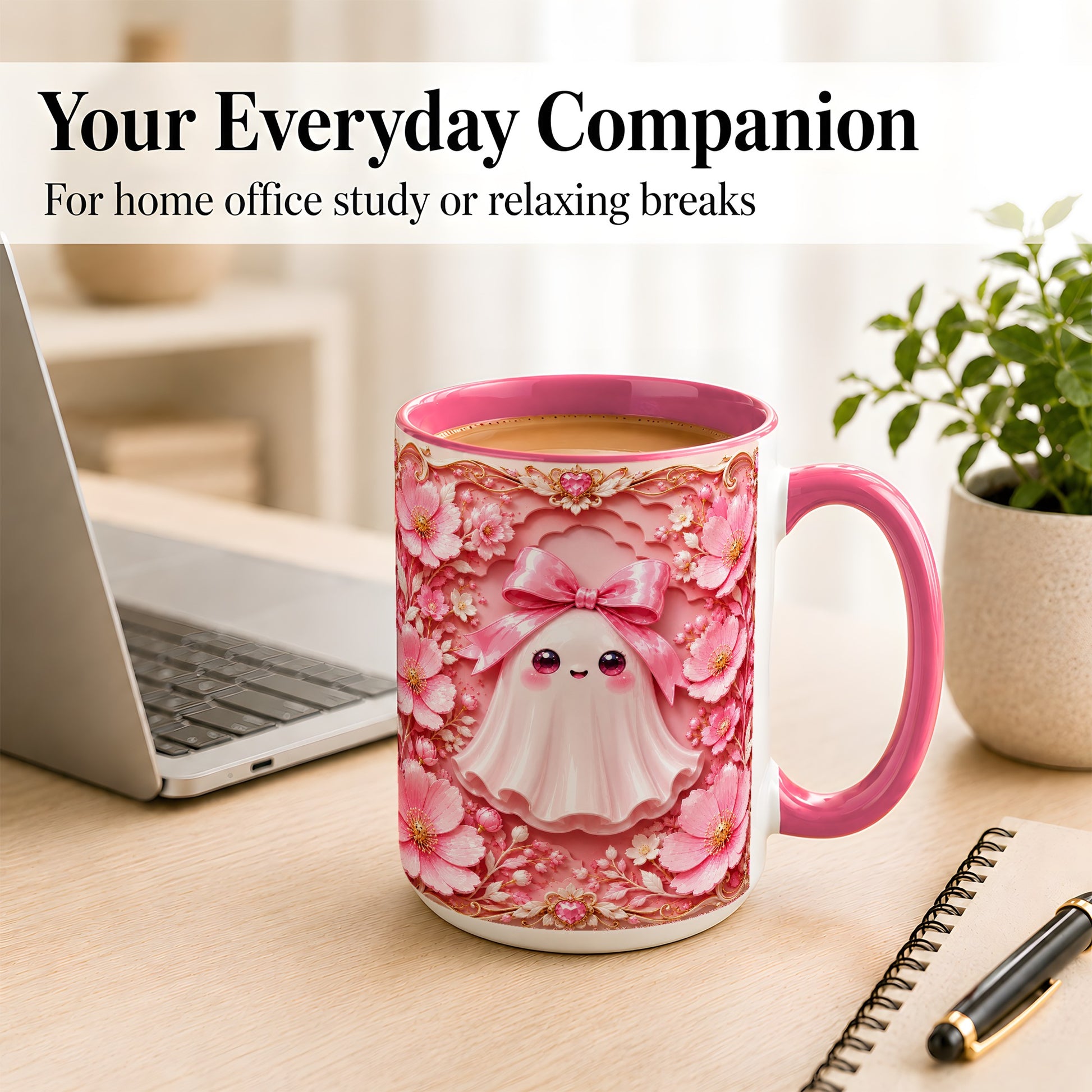 #pl[15oz|Pink] Pink Ghost Coffee Mug, Floral Bow Mug, Ceramic Cup with Garden Art