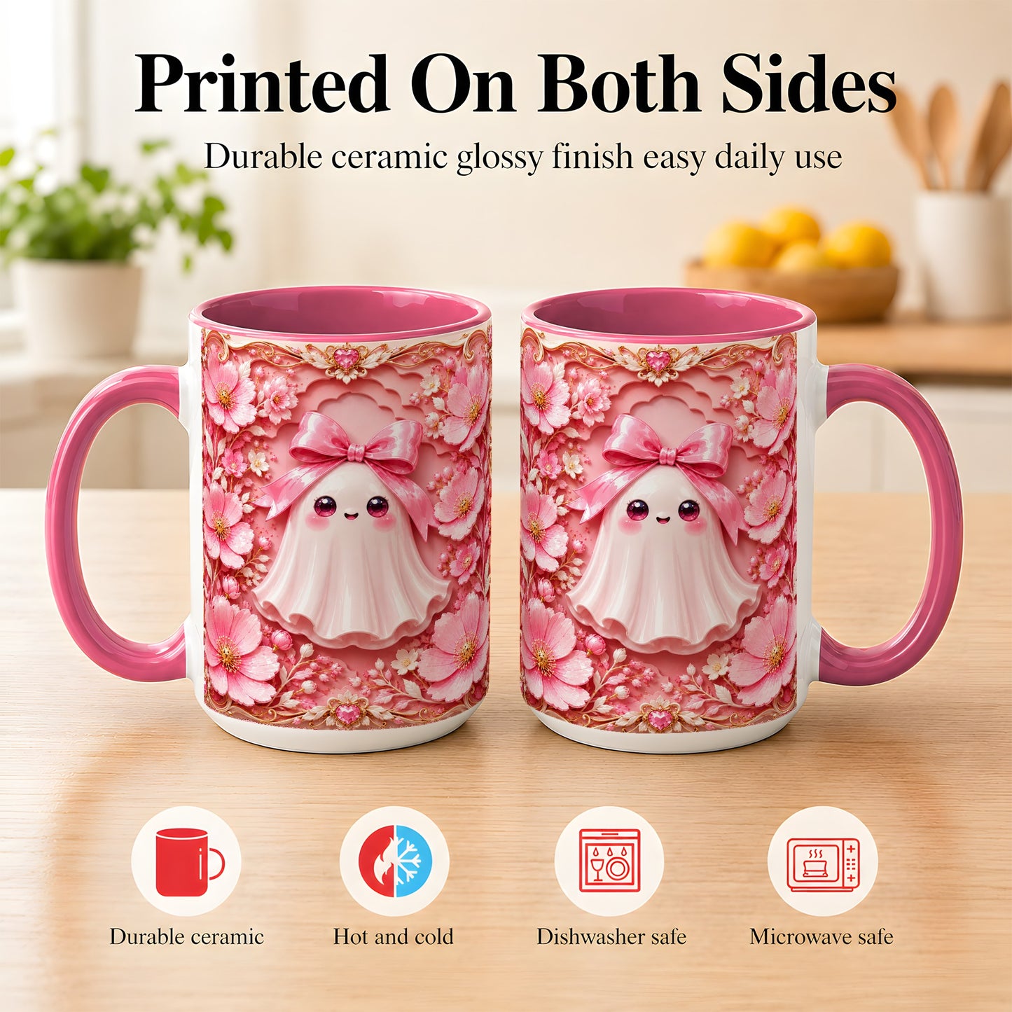 #pl[15oz|Pink] Pink Ghost Coffee Mug, Floral Bow Mug, Ceramic Cup with Garden Art