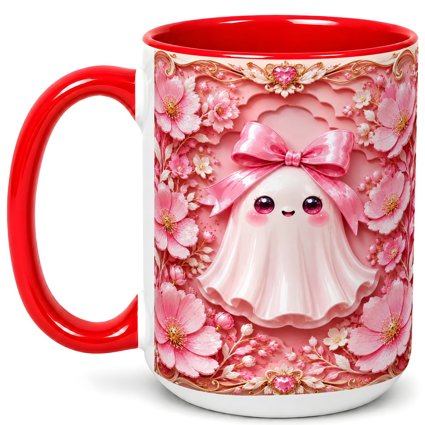 #pl[15oz|Red] Pink Ghost Coffee Mug, Floral Bow Mug, Ceramic Cup with Garden Art