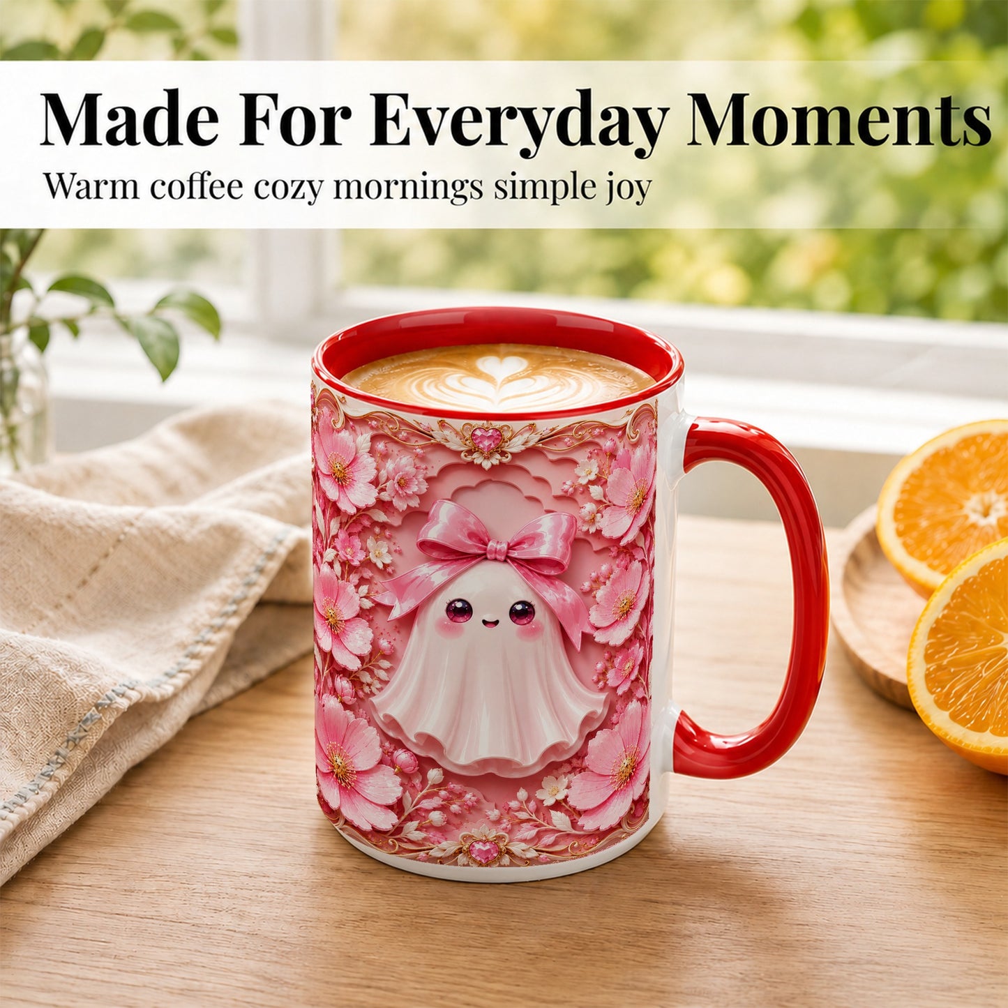 #pl[15oz|Red] Pink Ghost Coffee Mug, Floral Bow Mug, Ceramic Cup with Garden Art