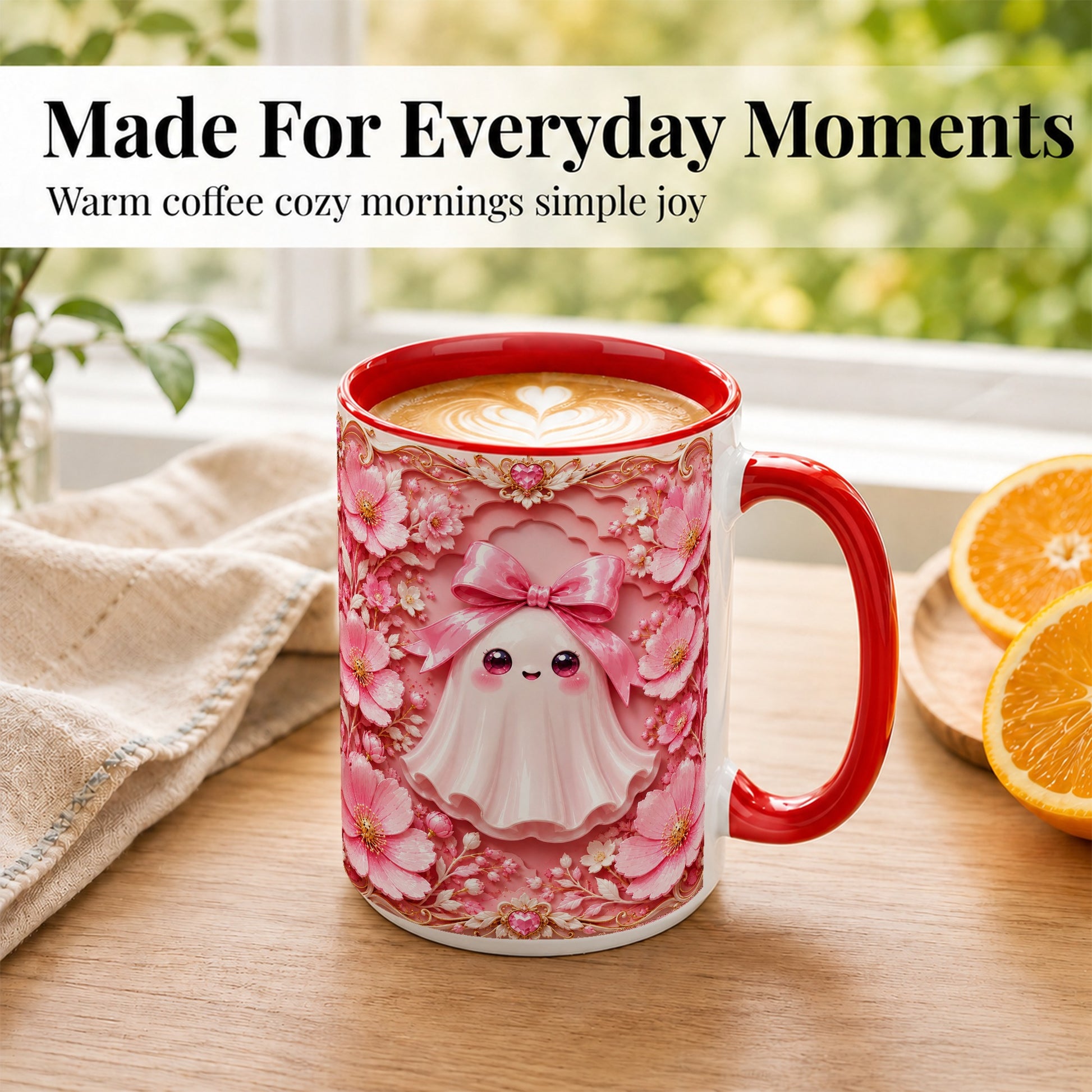 #pl[15oz|Red] Pink Ghost Coffee Mug, Floral Bow Mug, Ceramic Cup with Garden Art
