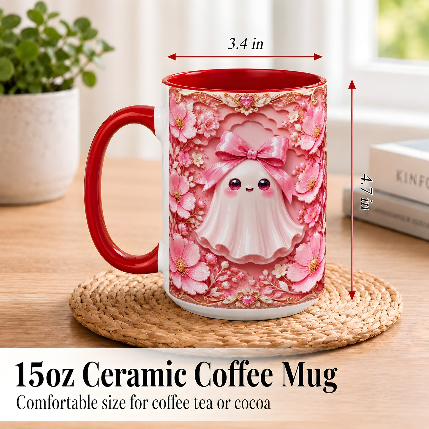 #pl[15oz|Red] Pink Ghost Coffee Mug, Floral Bow Mug, Ceramic Cup with Garden Art