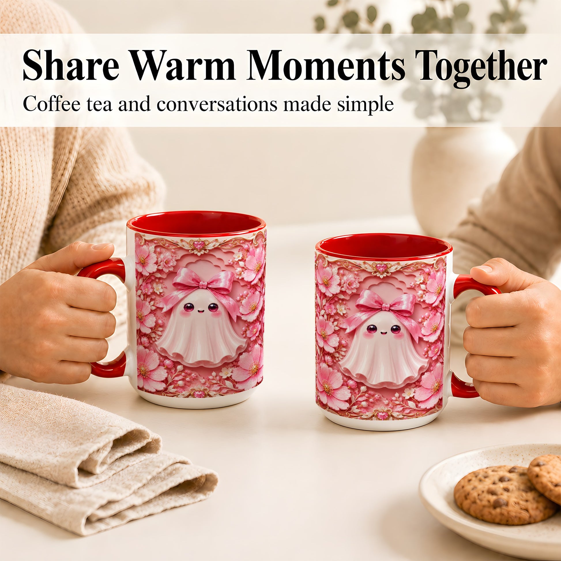#pl[15oz|Red] Pink Ghost Coffee Mug, Floral Bow Mug, Ceramic Cup with Garden Art