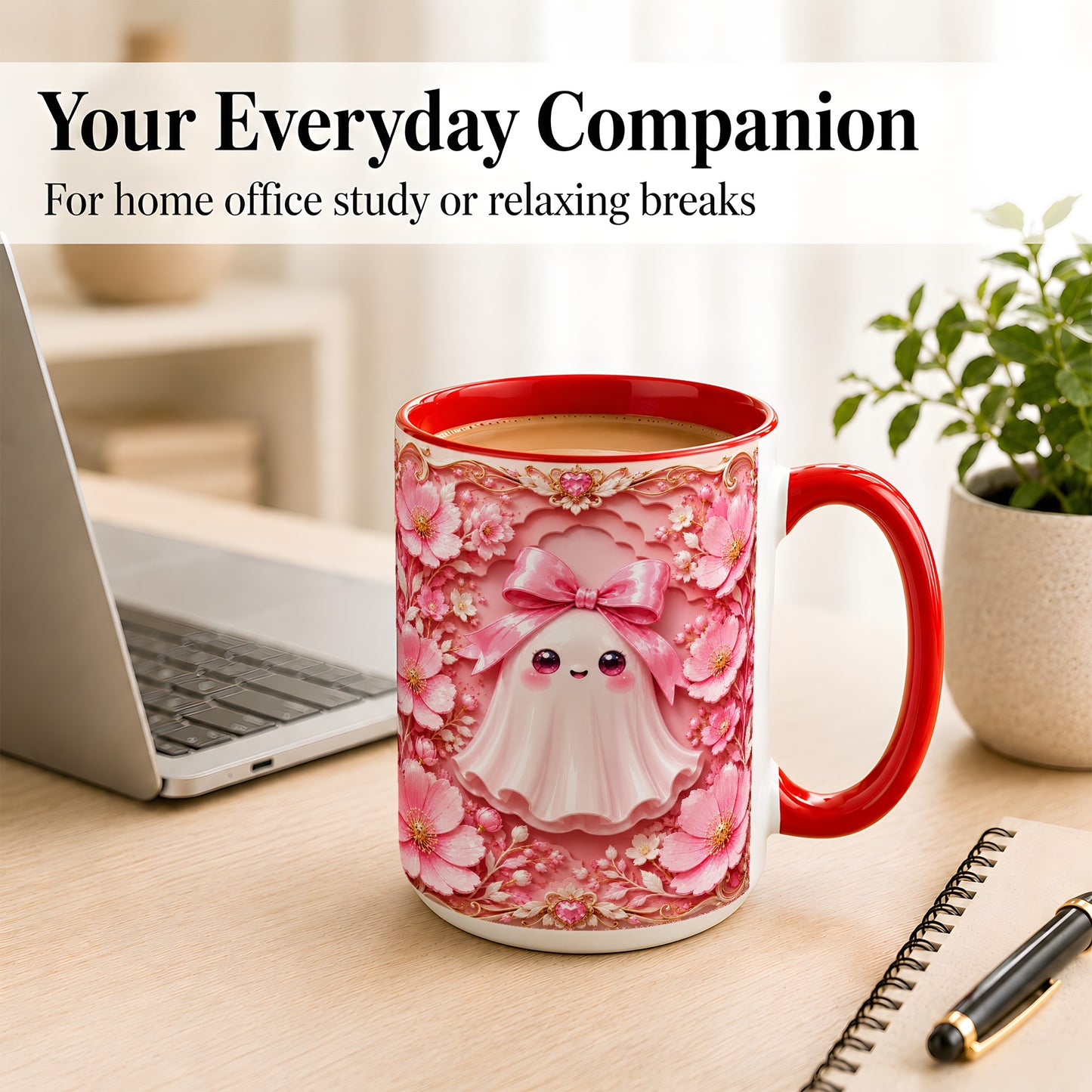 #pl[15oz|Red] Pink Ghost Coffee Mug, Floral Bow Mug, Ceramic Cup with Garden Art