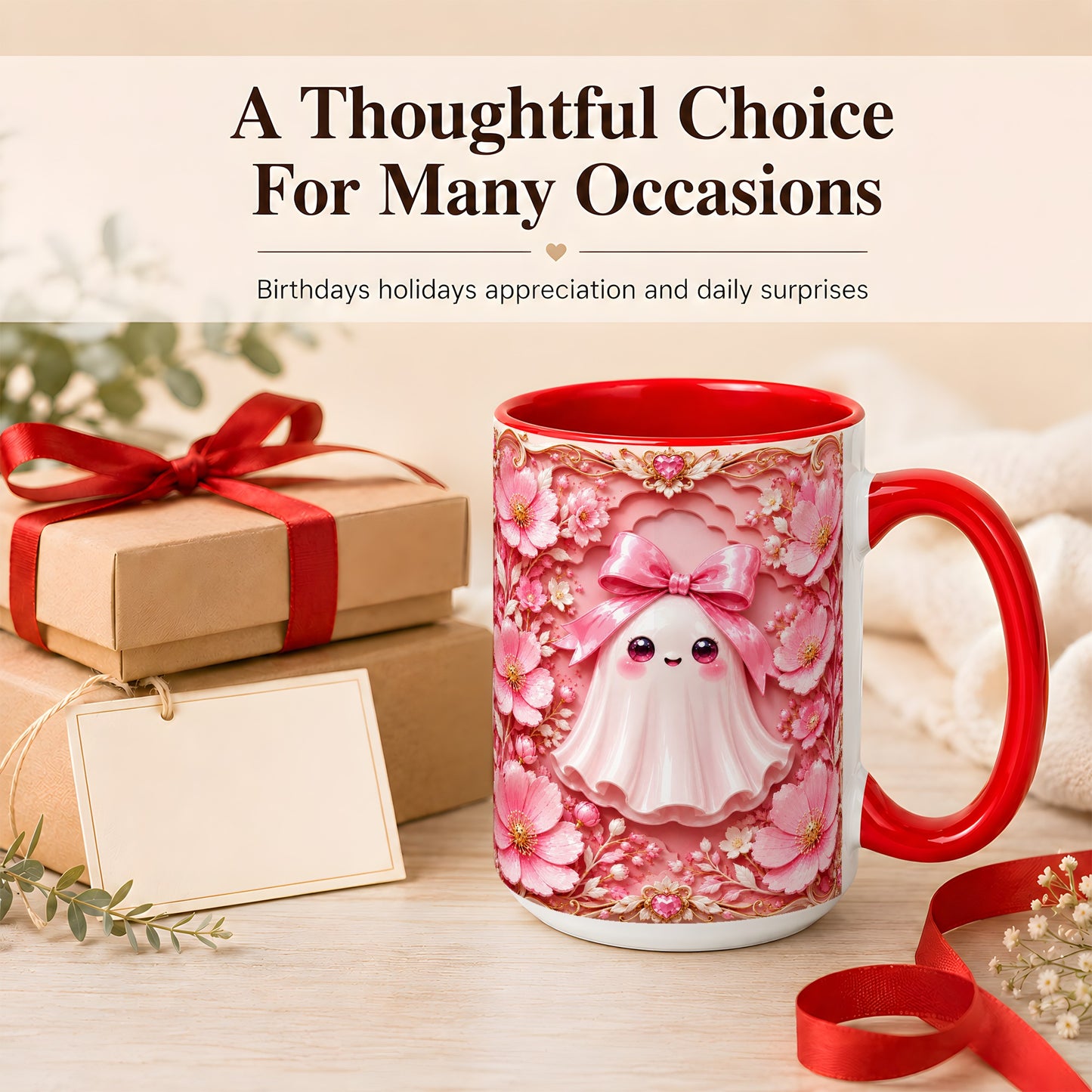 #pl[15oz|Red] Pink Ghost Coffee Mug, Floral Bow Mug, Ceramic Cup with Garden Art