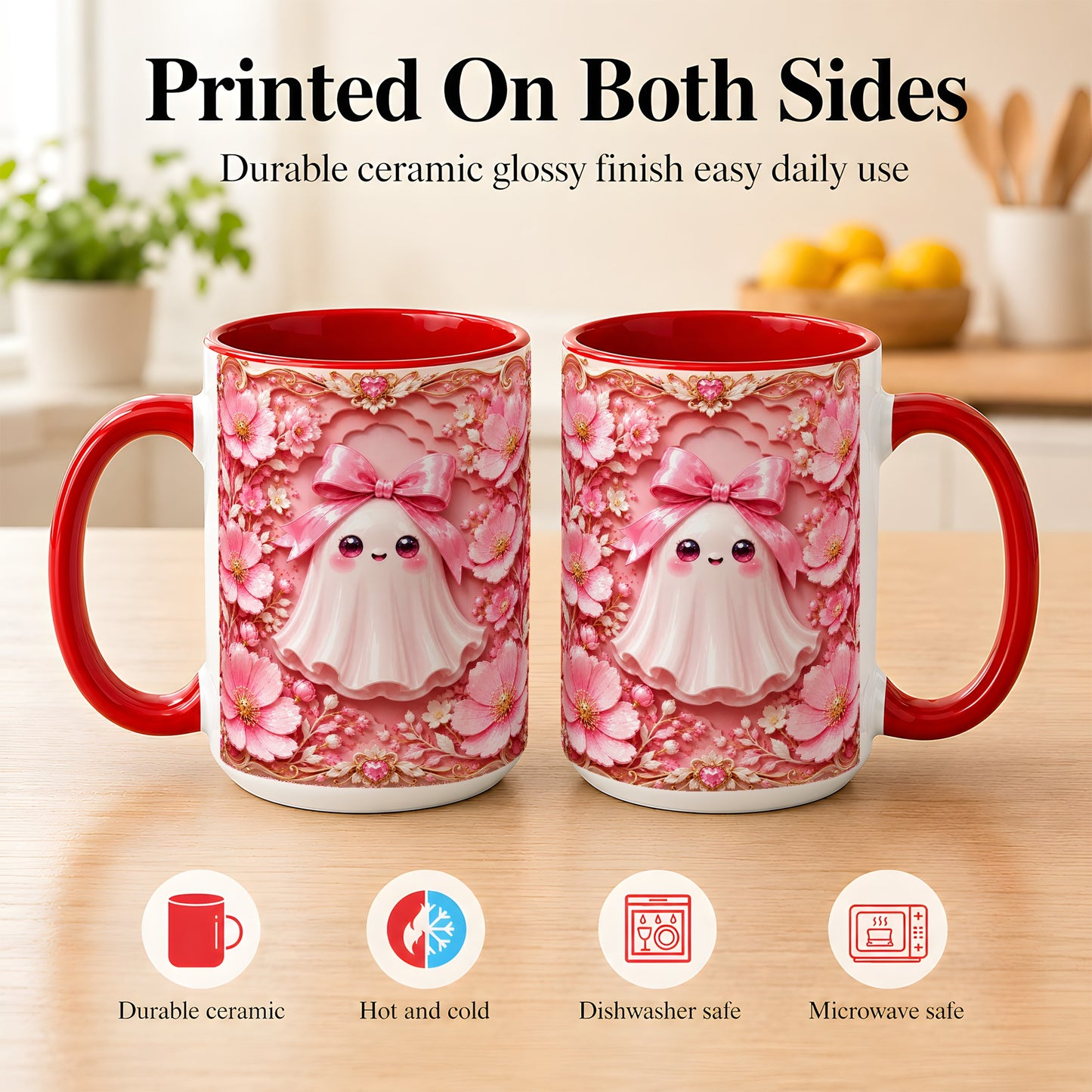 #pl[15oz|Red] Pink Ghost Coffee Mug, Floral Bow Mug, Ceramic Cup with Garden Art