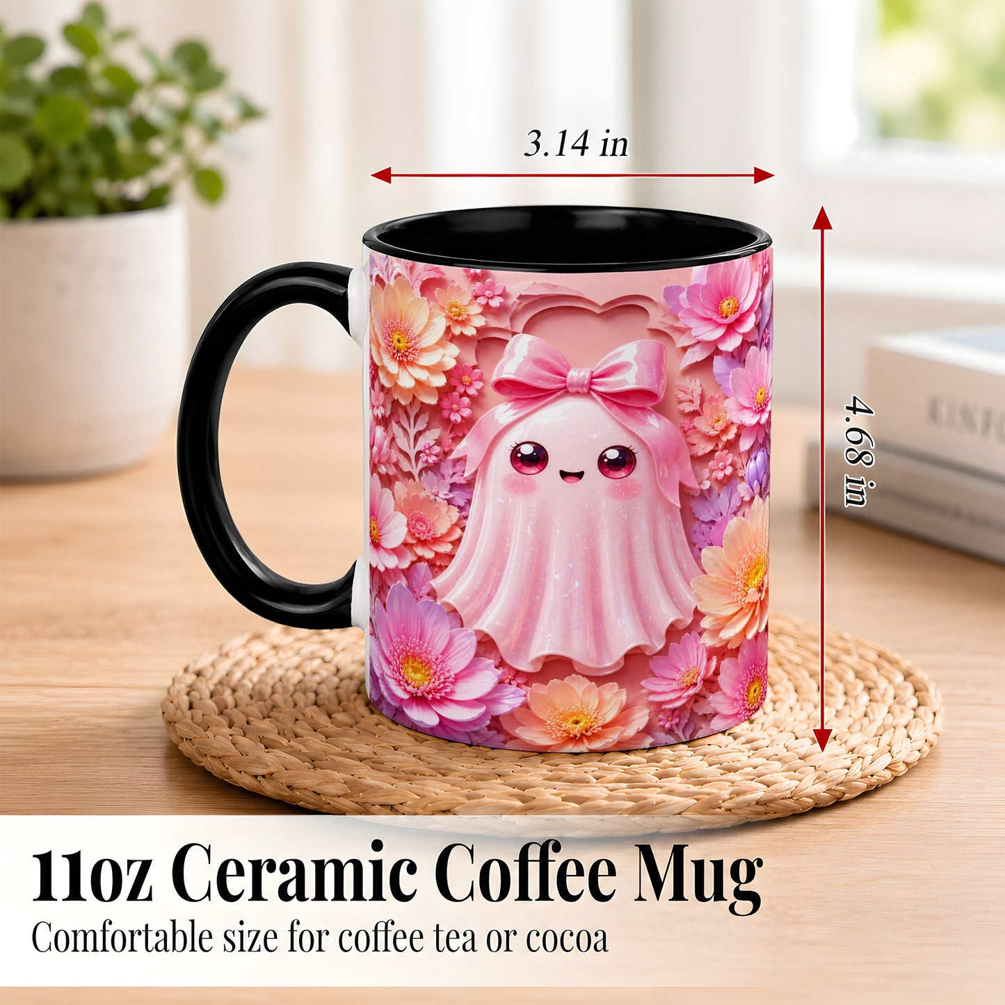 #pl[11oz|Black] Pastel Ghost Coffee Mug, Floral Bow Mug, Ceramic Cup with Bloom Art