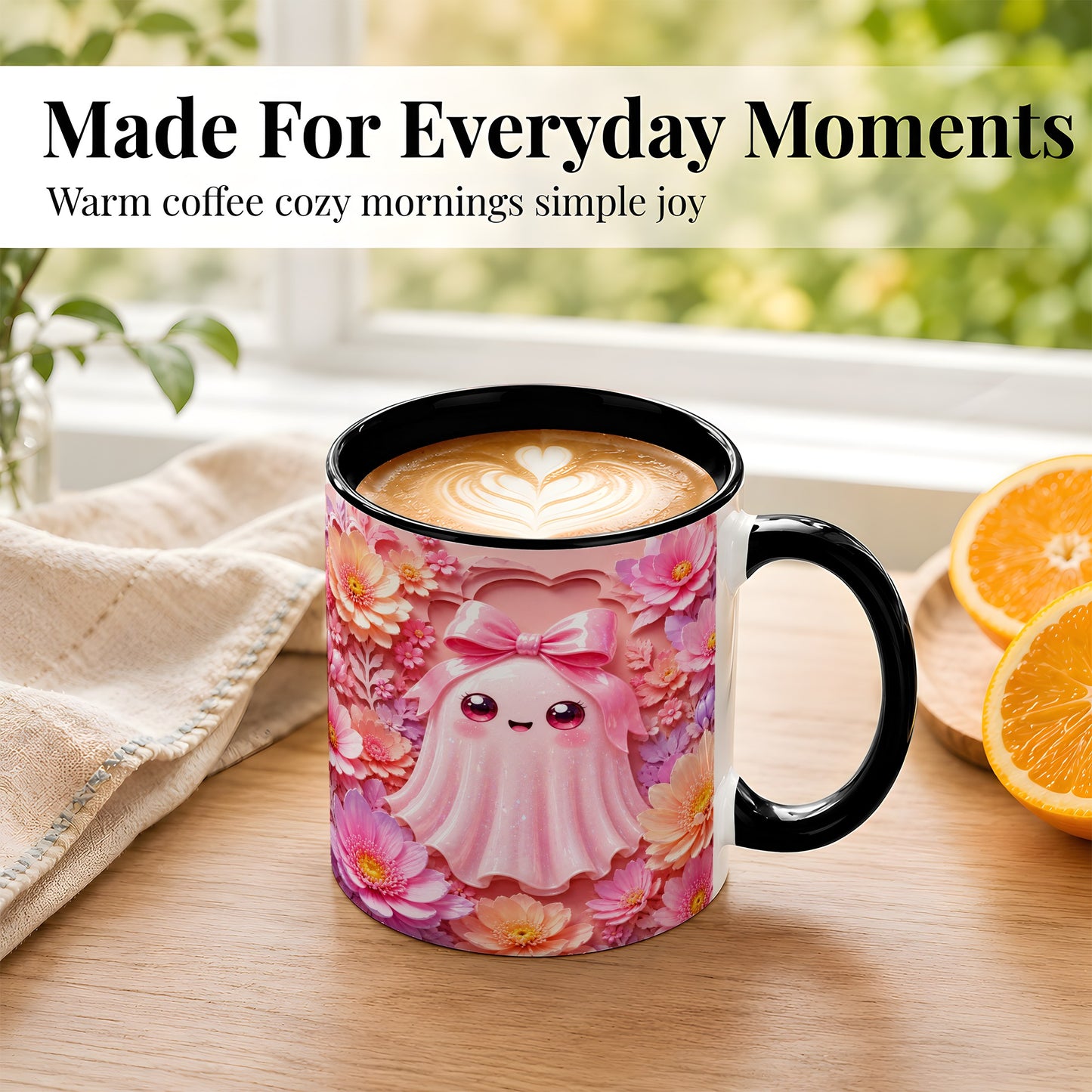 #pl[11oz|Black] Pastel Ghost Coffee Mug, Floral Bow Mug, Ceramic Cup with Bloom Art