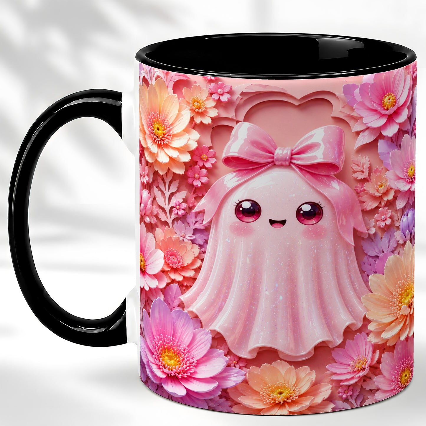 #pl[11oz|Black] Pastel Ghost Coffee Mug, Floral Bow Mug, Ceramic Cup with Bloom Art