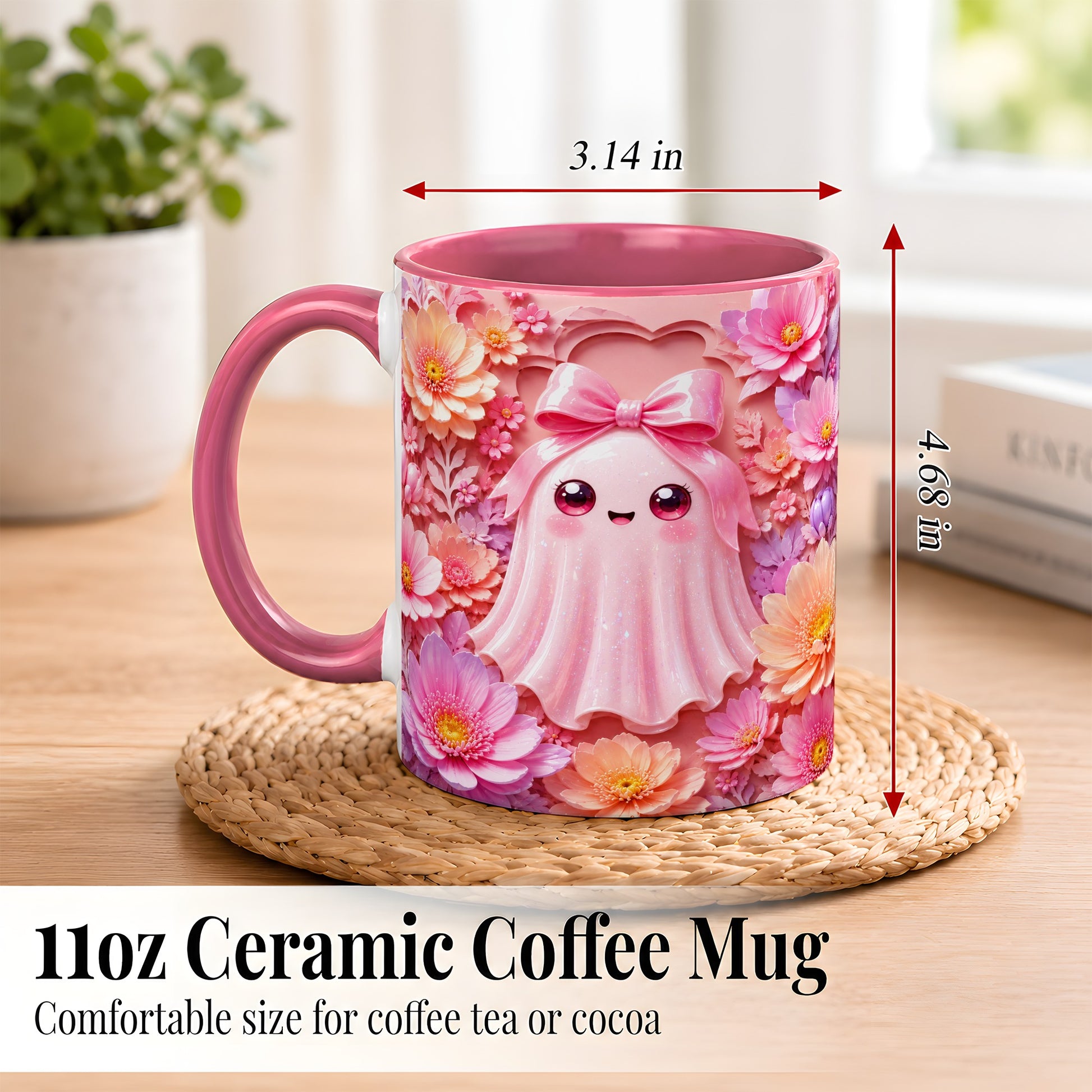 #pl[11oz|Pink] Pastel Ghost Coffee Mug, Floral Bow Mug, Ceramic Cup with Bloom Art