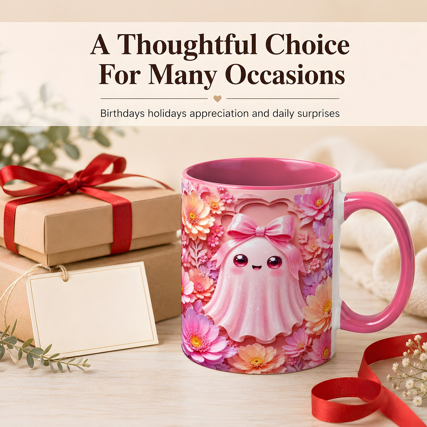 #pl[11oz|Pink] Pastel Ghost Coffee Mug, Floral Bow Mug, Ceramic Cup with Bloom Art