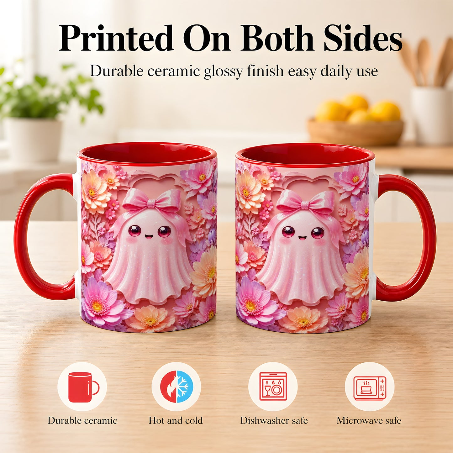 #pl[11oz|Red] Pastel Ghost Coffee Mug, Floral Bow Mug, Ceramic Cup with Bloom Art
