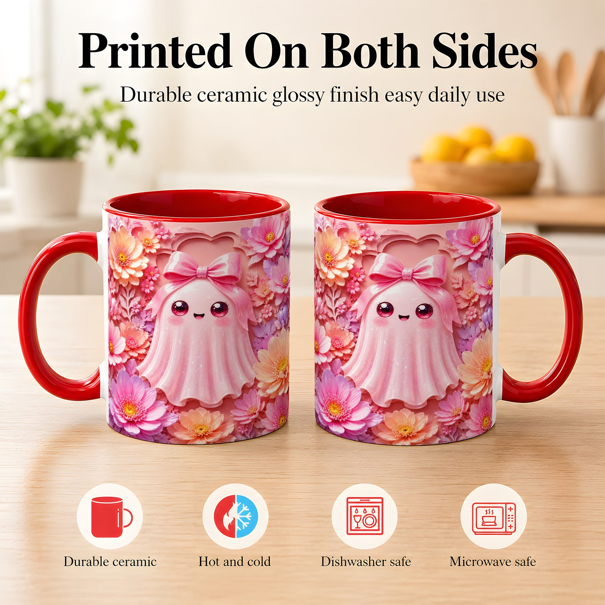#pl[11oz|Red] Pastel Ghost Coffee Mug, Floral Bow Mug, Ceramic Cup with Bloom Art