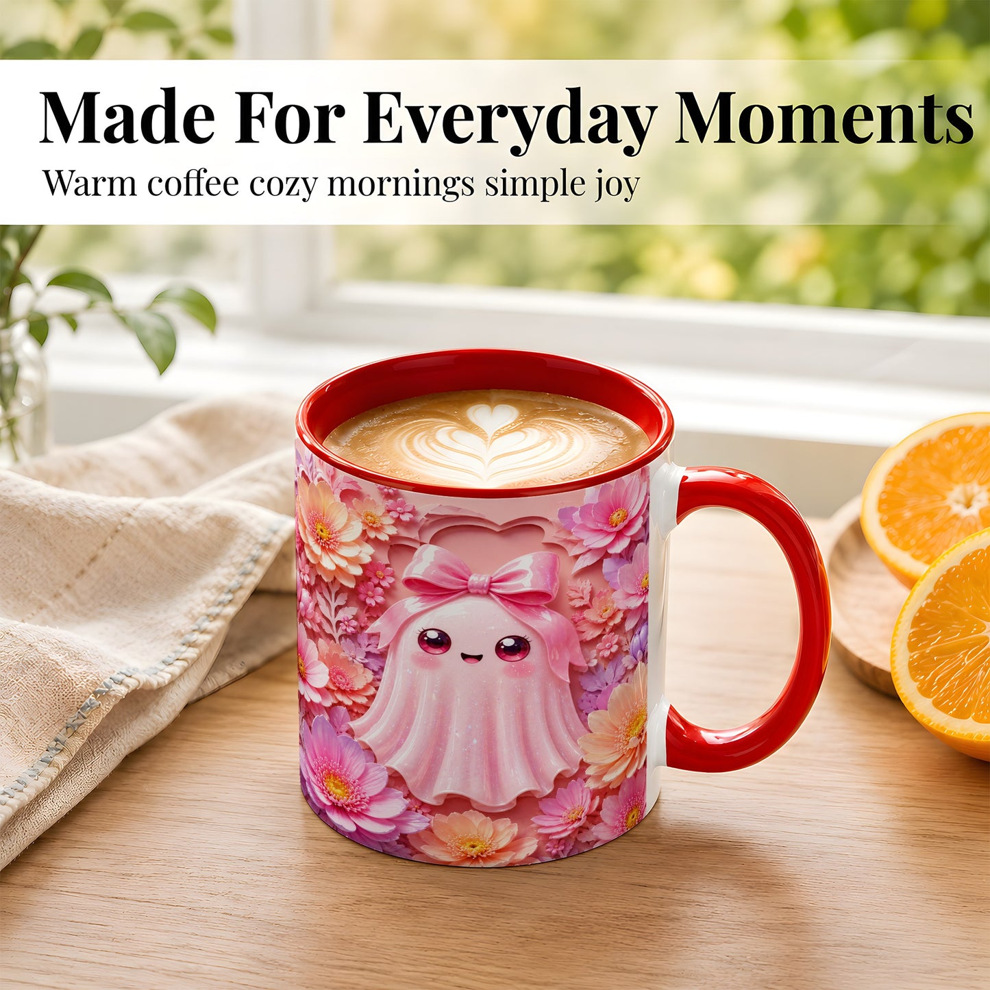 #pl[11oz|Red] Pastel Ghost Coffee Mug, Floral Bow Mug, Ceramic Cup with Bloom Art