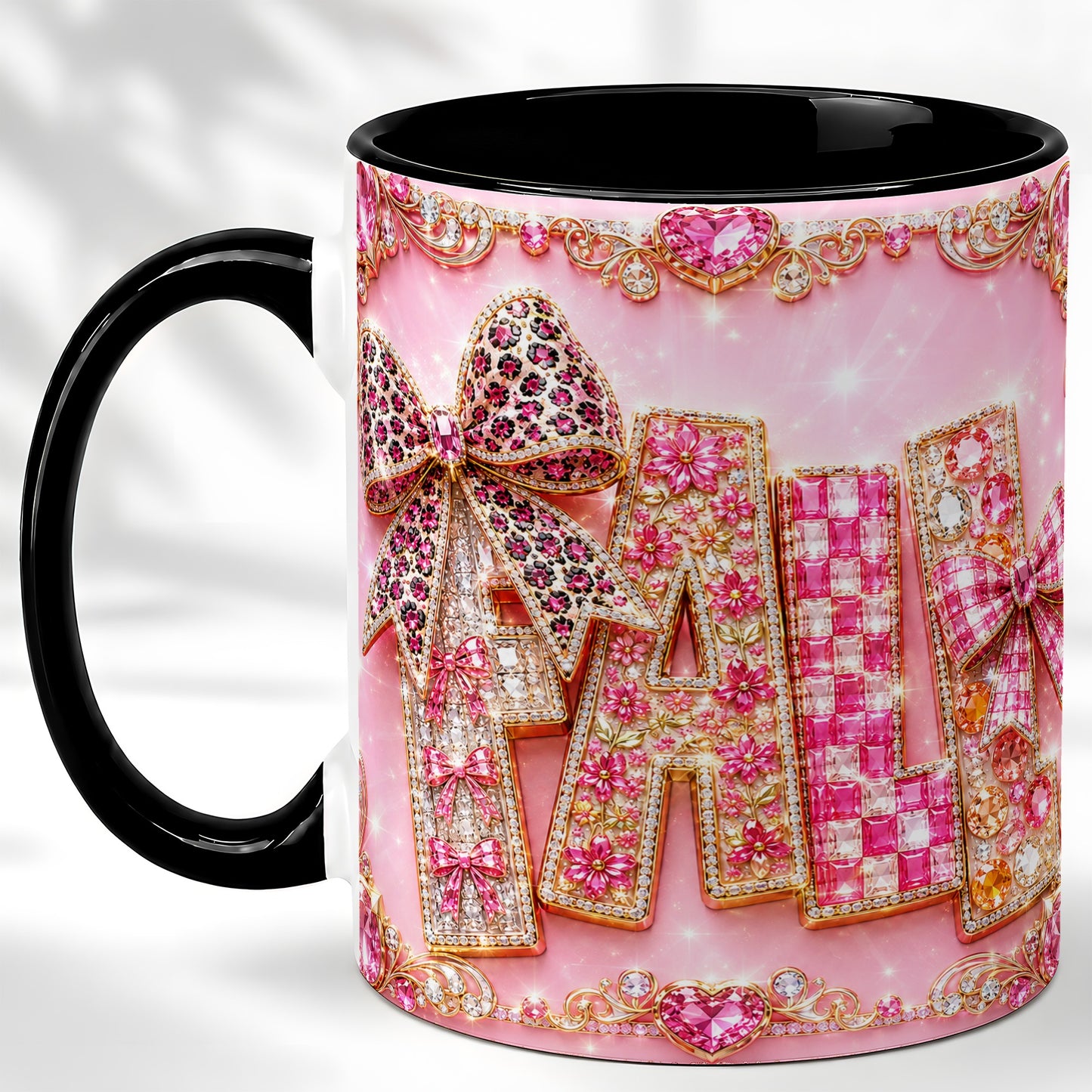 #pl[11oz|Black] Pink Gemstone Fall Coffee Mug, Bow Autumn Mug, Ceramic Cup