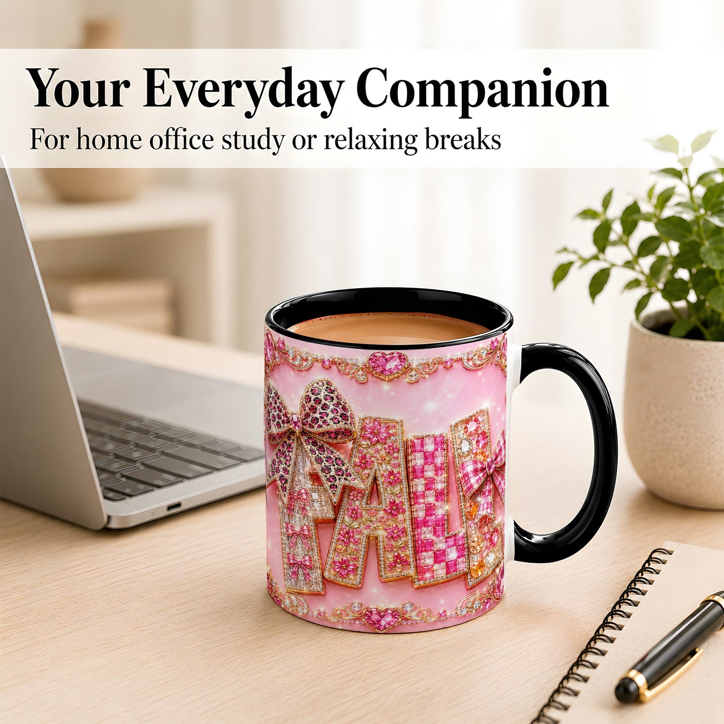#pl[11oz|Black] Pink Gemstone Fall Coffee Mug, Bow Autumn Mug, Ceramic Cup