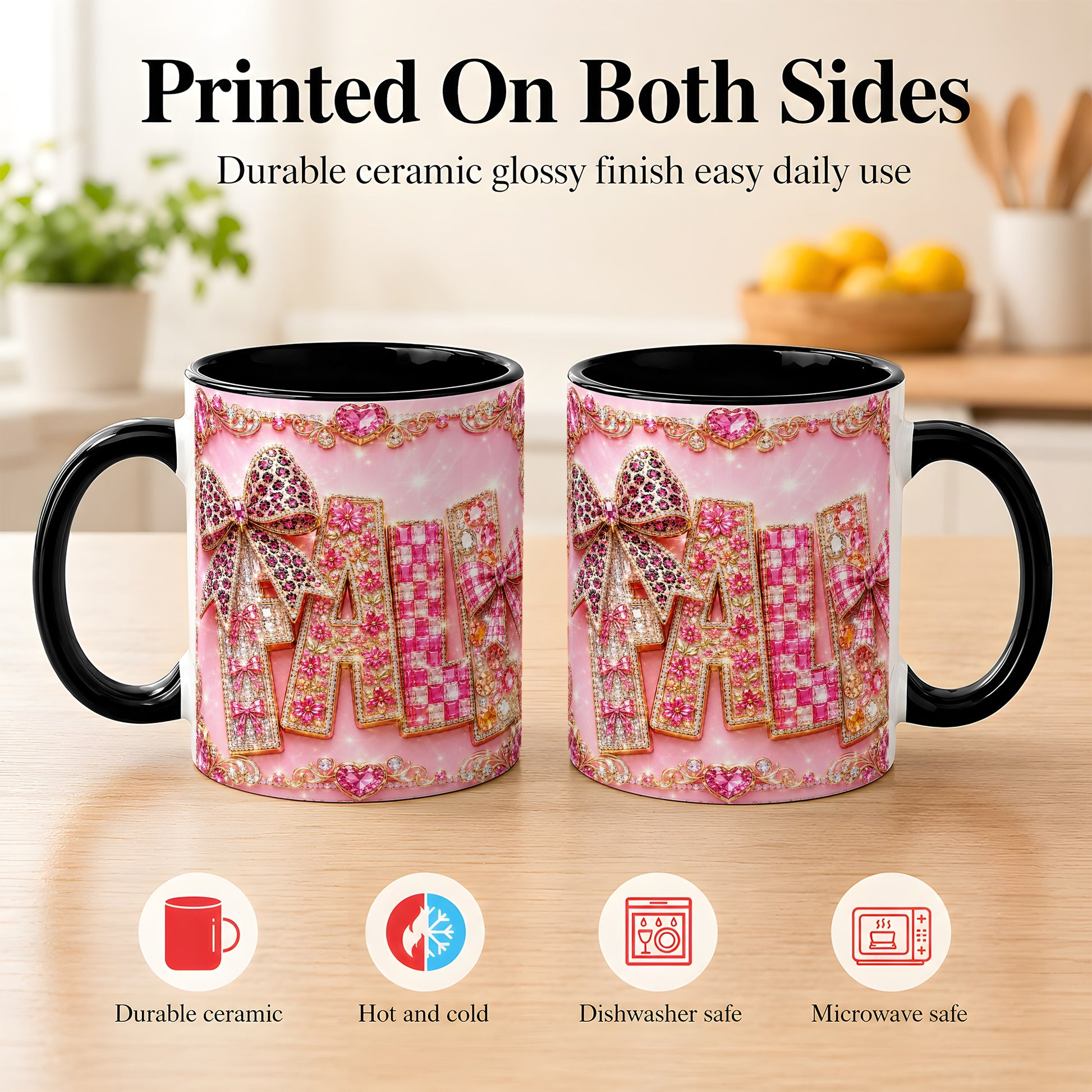 #pl[11oz|Black] Pink Gemstone Fall Coffee Mug, Bow Autumn Mug, Ceramic Cup