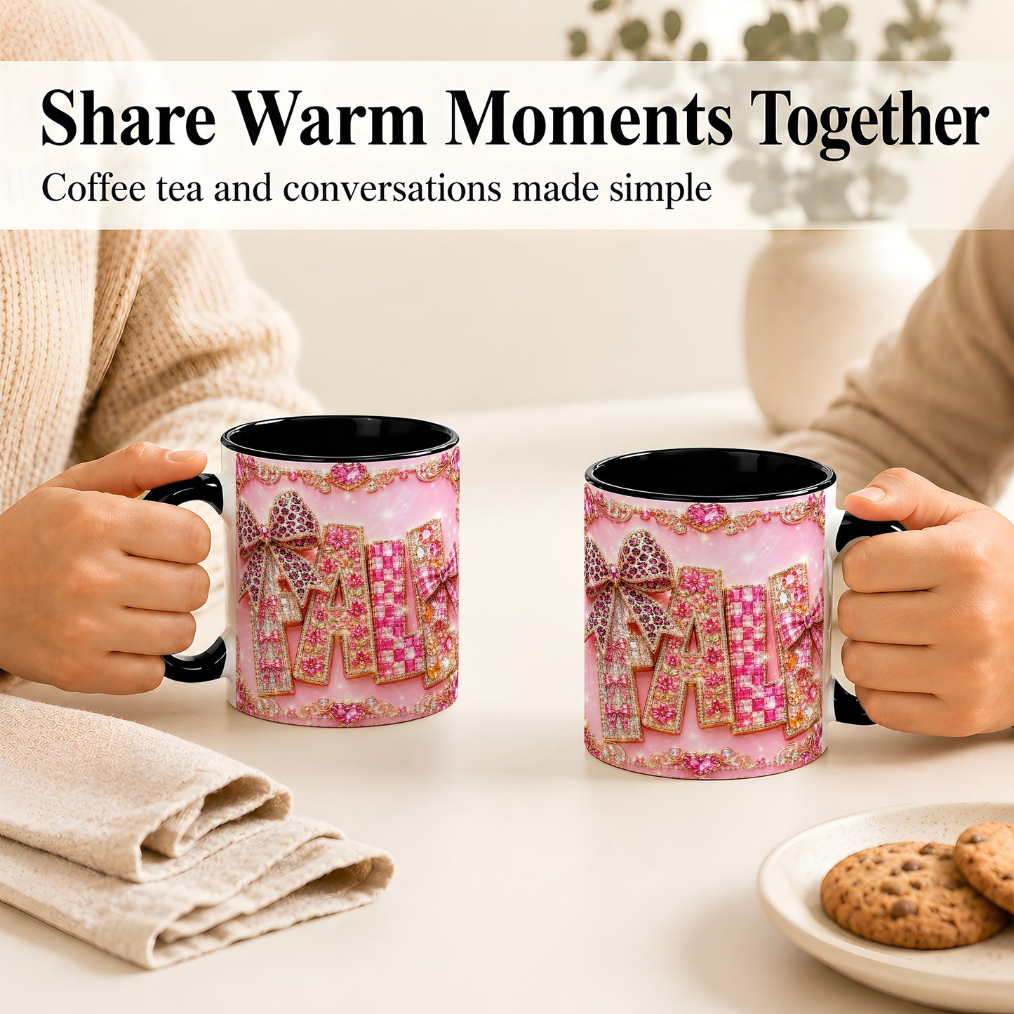 #pl[11oz|Black] Pink Gemstone Fall Coffee Mug, Bow Autumn Mug, Ceramic Cup