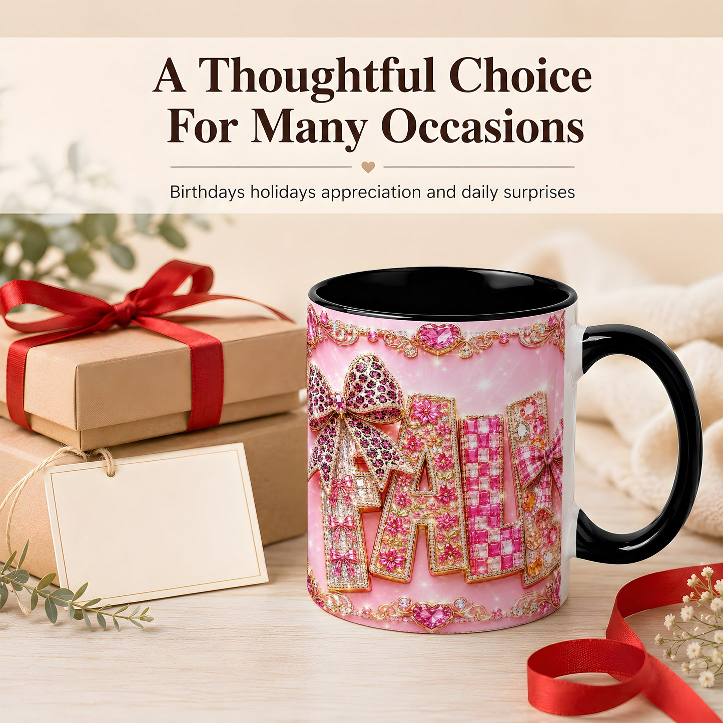 #pl[11oz|Black] Pink Gemstone Fall Coffee Mug, Bow Autumn Mug, Ceramic Cup