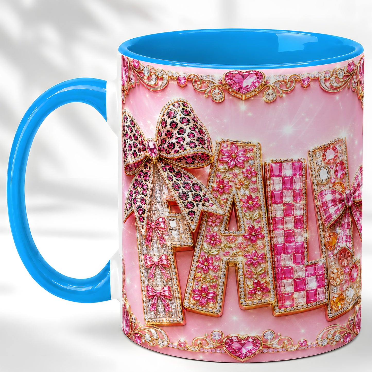 #pl[11oz|Blue] Pink Gemstone Fall Coffee Mug, Bow Autumn Mug, Ceramic Cup