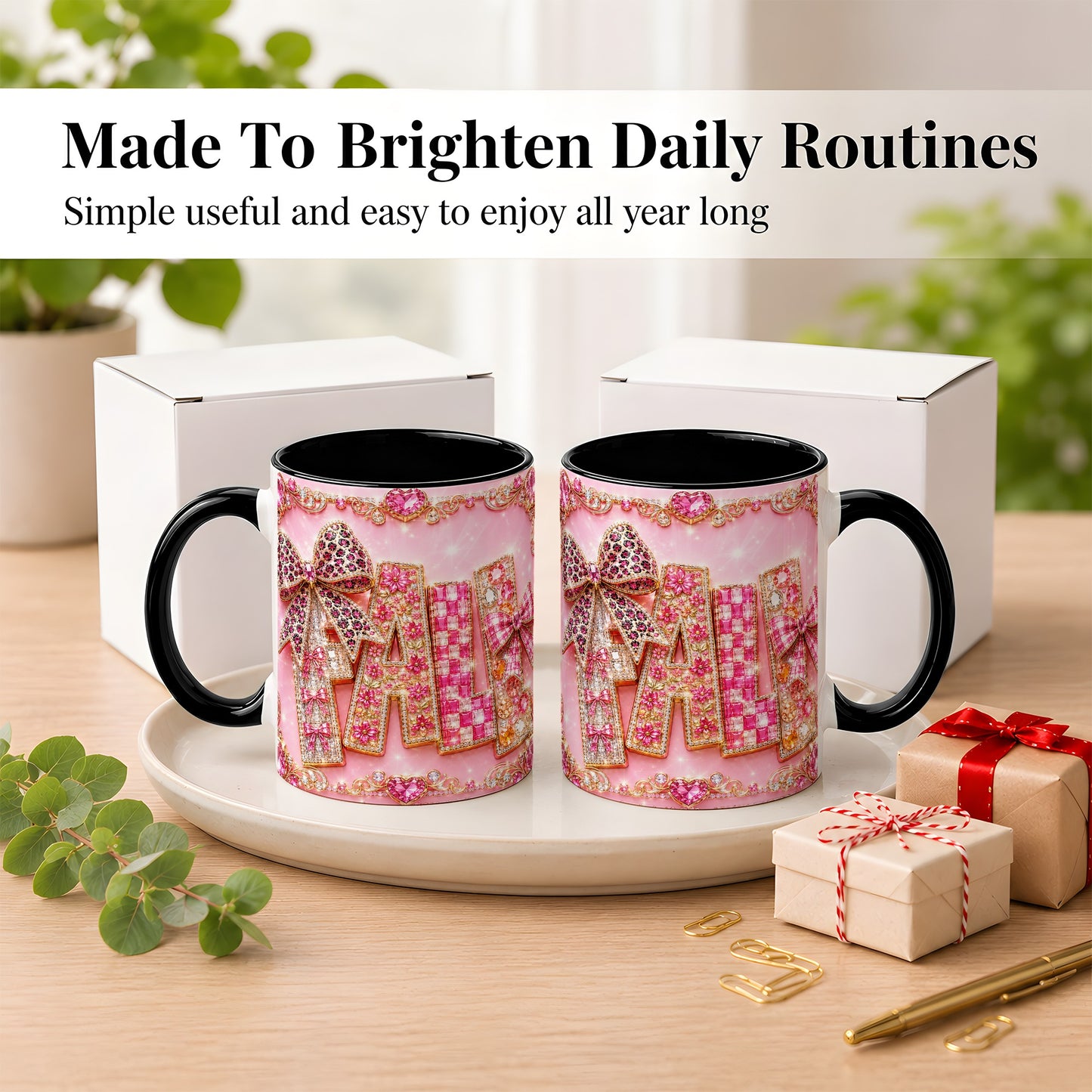 #pl[11oz|Black] Pink Gemstone Fall Coffee Mug, Bow Autumn Mug, Ceramic Cup