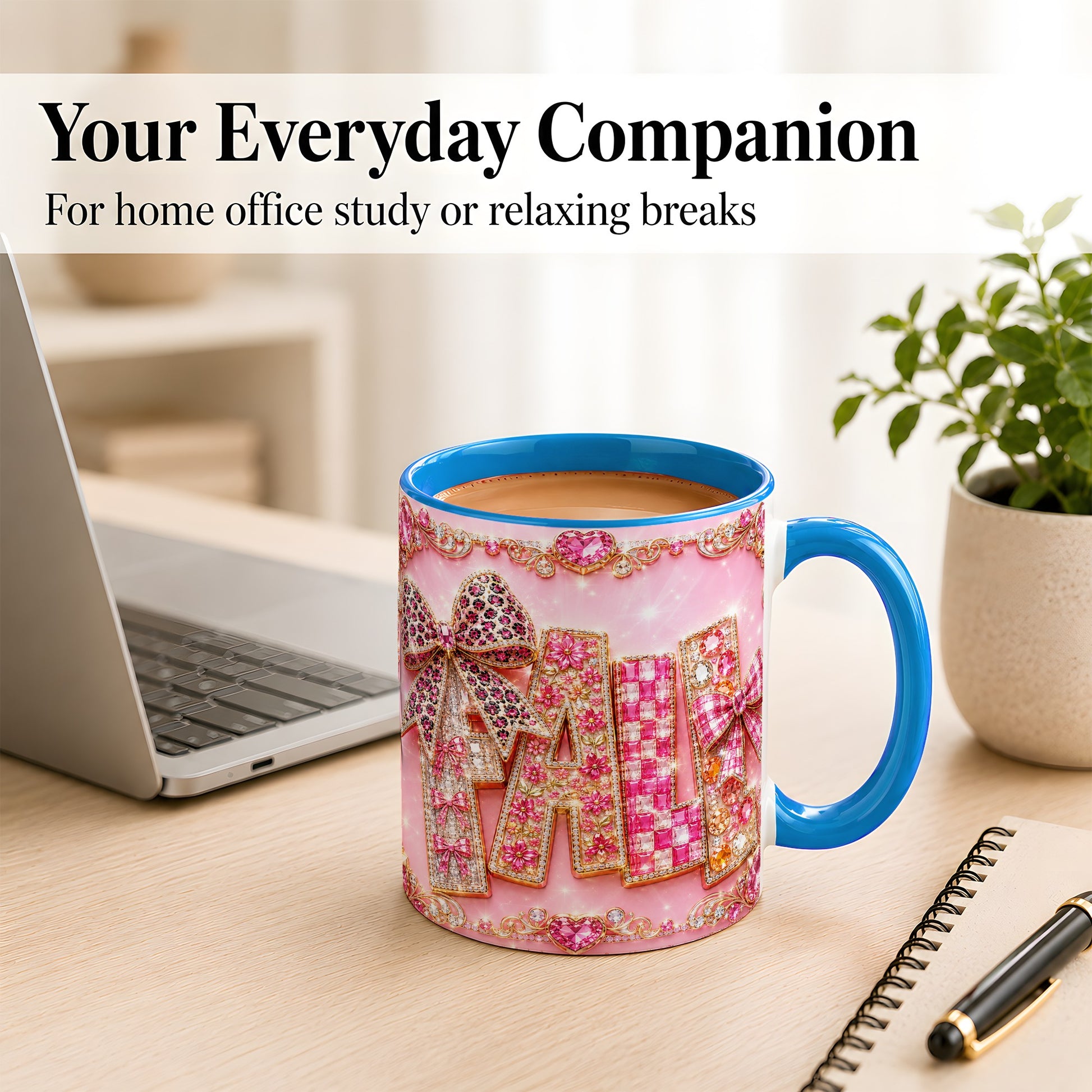 #pl[11oz|Blue] Pink Gemstone Fall Coffee Mug, Bow Autumn Mug, Ceramic Cup