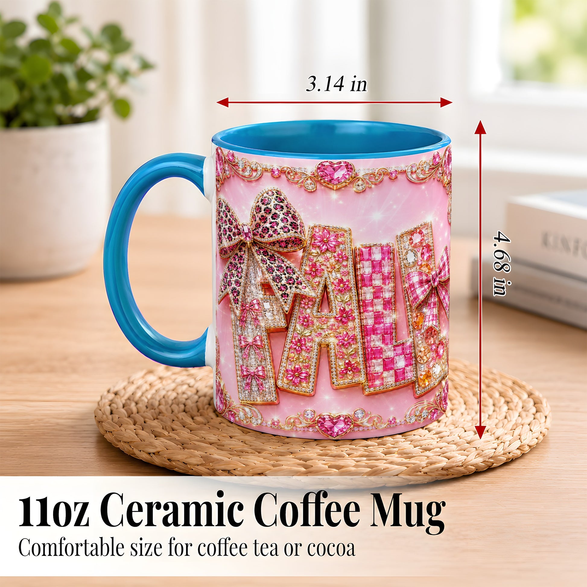 #pl[11oz|Blue] Pink Gemstone Fall Coffee Mug, Bow Autumn Mug, Ceramic Cup