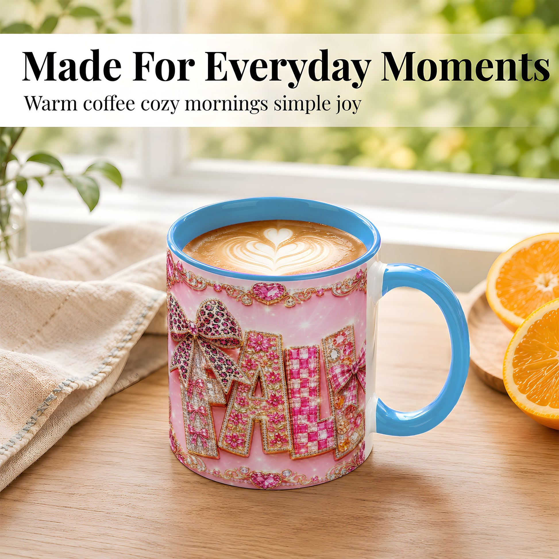 #pl[11oz|Blue] Pink Gemstone Fall Coffee Mug, Bow Autumn Mug, Ceramic Cup
