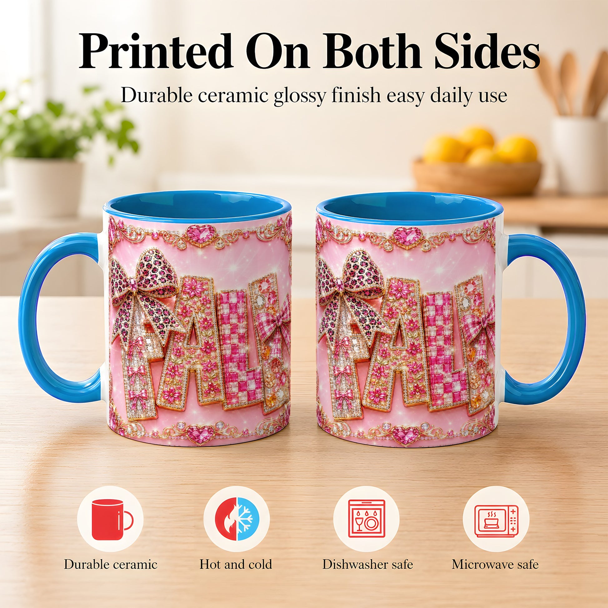 #pl[11oz|Blue] Pink Gemstone Fall Coffee Mug, Bow Autumn Mug, Ceramic Cup