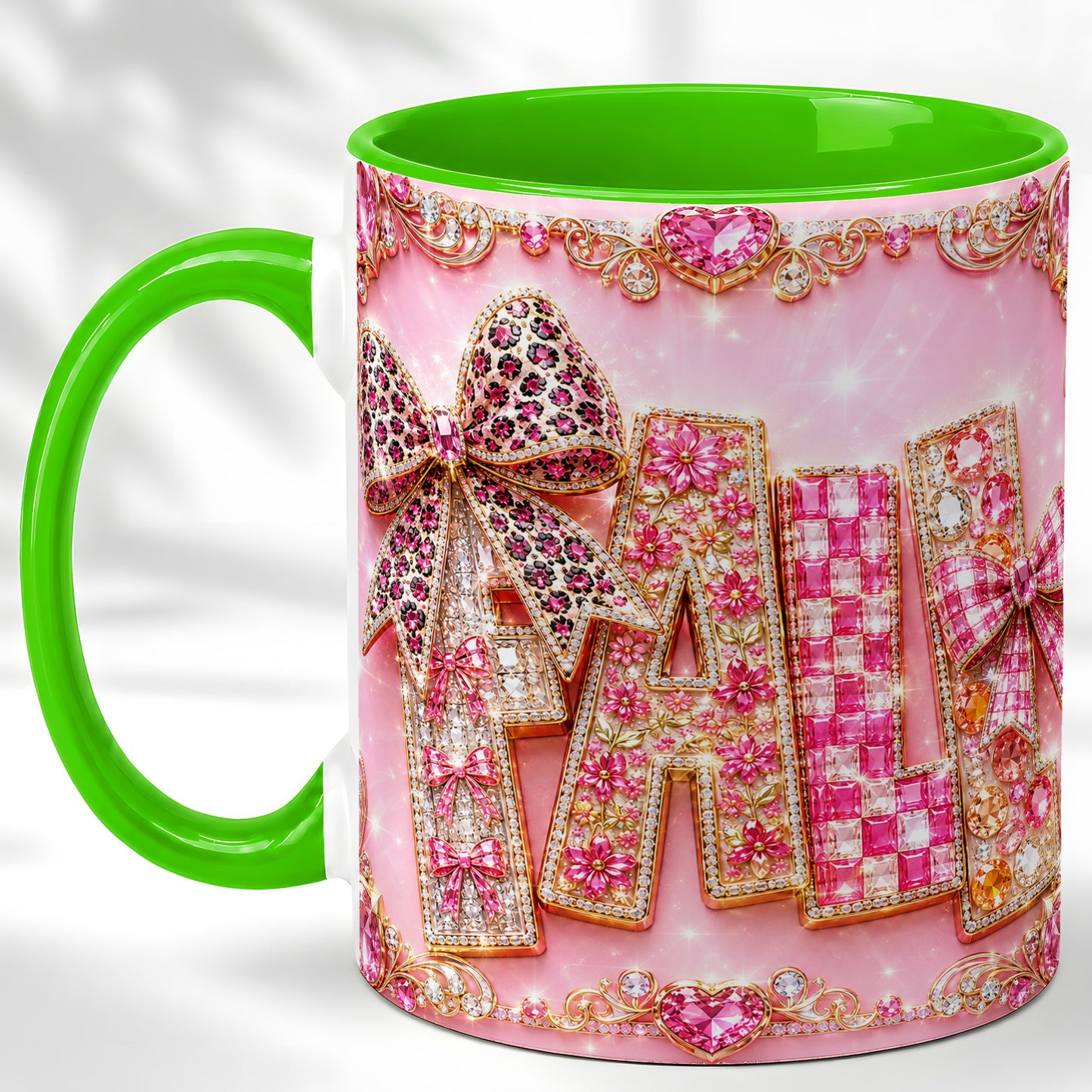 #pl[11oz|Green] Pink Gemstone Fall Coffee Mug, Bow Autumn Mug, Ceramic Cup
