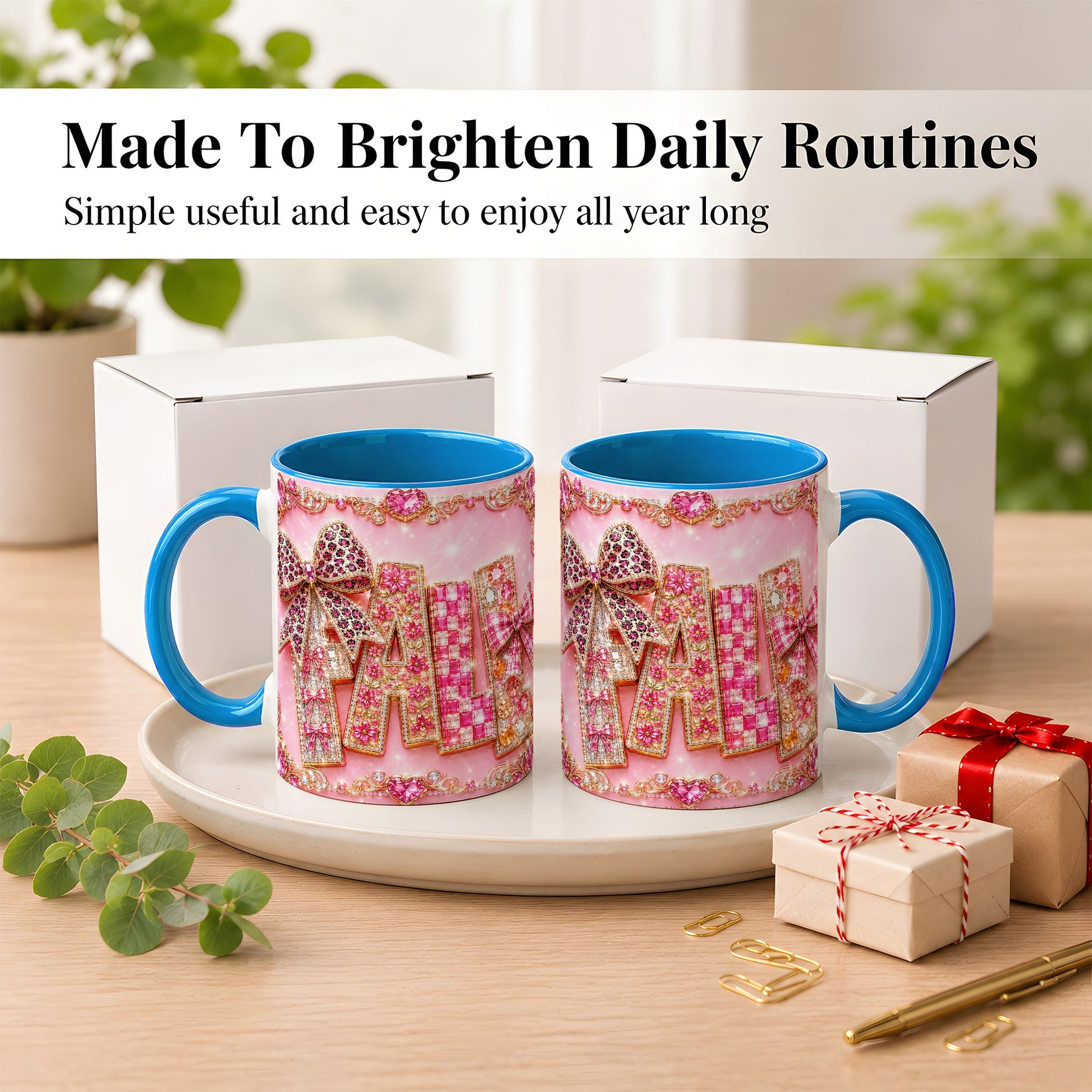 #pl[11oz|Blue] Pink Gemstone Fall Coffee Mug, Bow Autumn Mug, Ceramic Cup