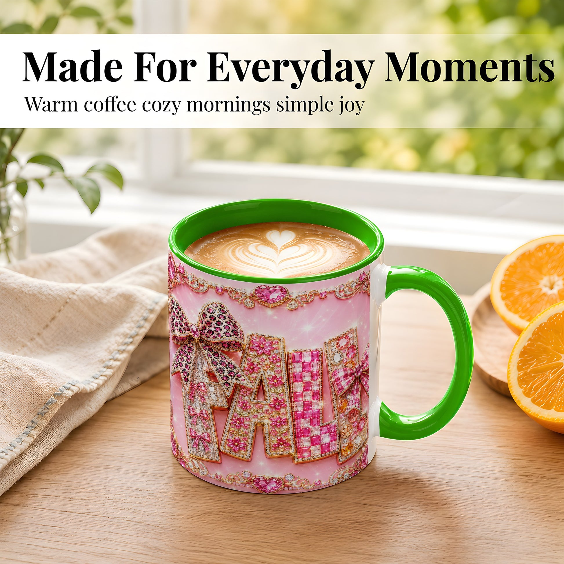 #pl[11oz|Green] Pink Gemstone Fall Coffee Mug, Bow Autumn Mug, Ceramic Cup