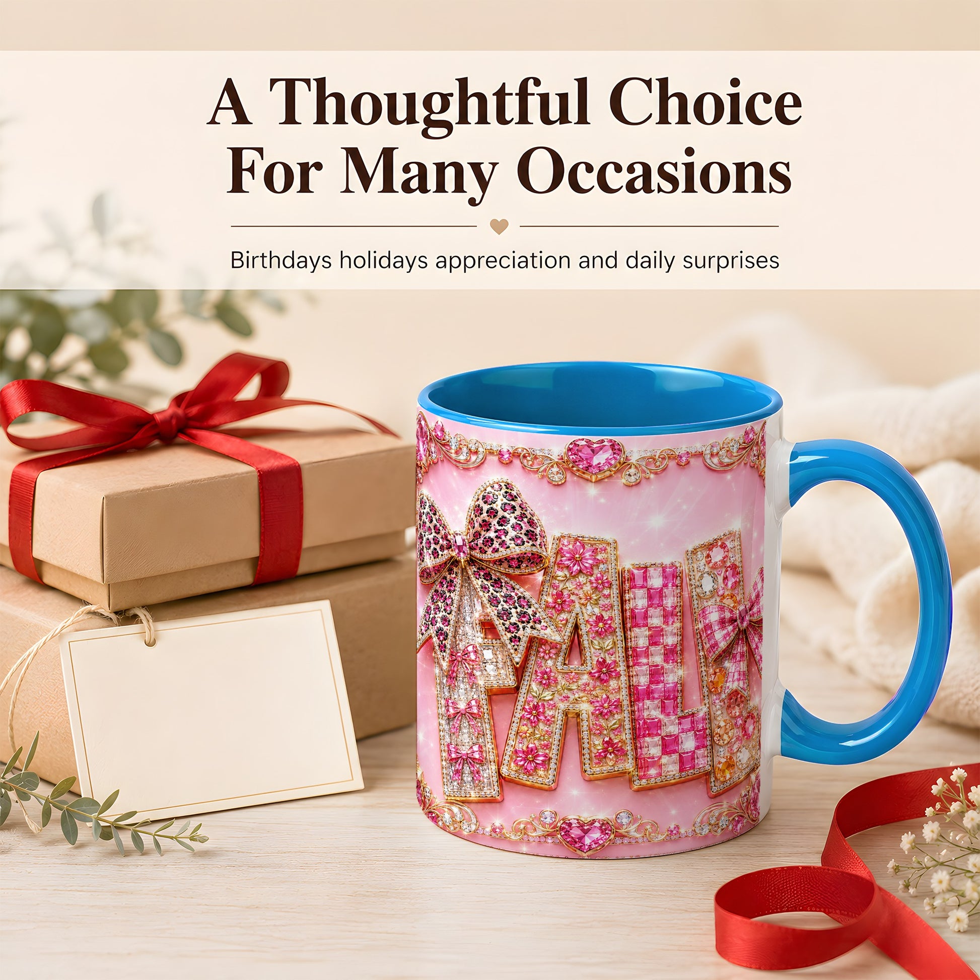 #pl[11oz|Blue] Pink Gemstone Fall Coffee Mug, Bow Autumn Mug, Ceramic Cup