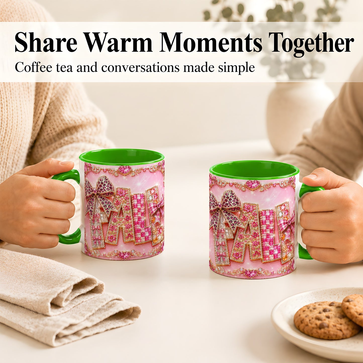 #pl[11oz|Green] Pink Gemstone Fall Coffee Mug, Bow Autumn Mug, Ceramic Cup