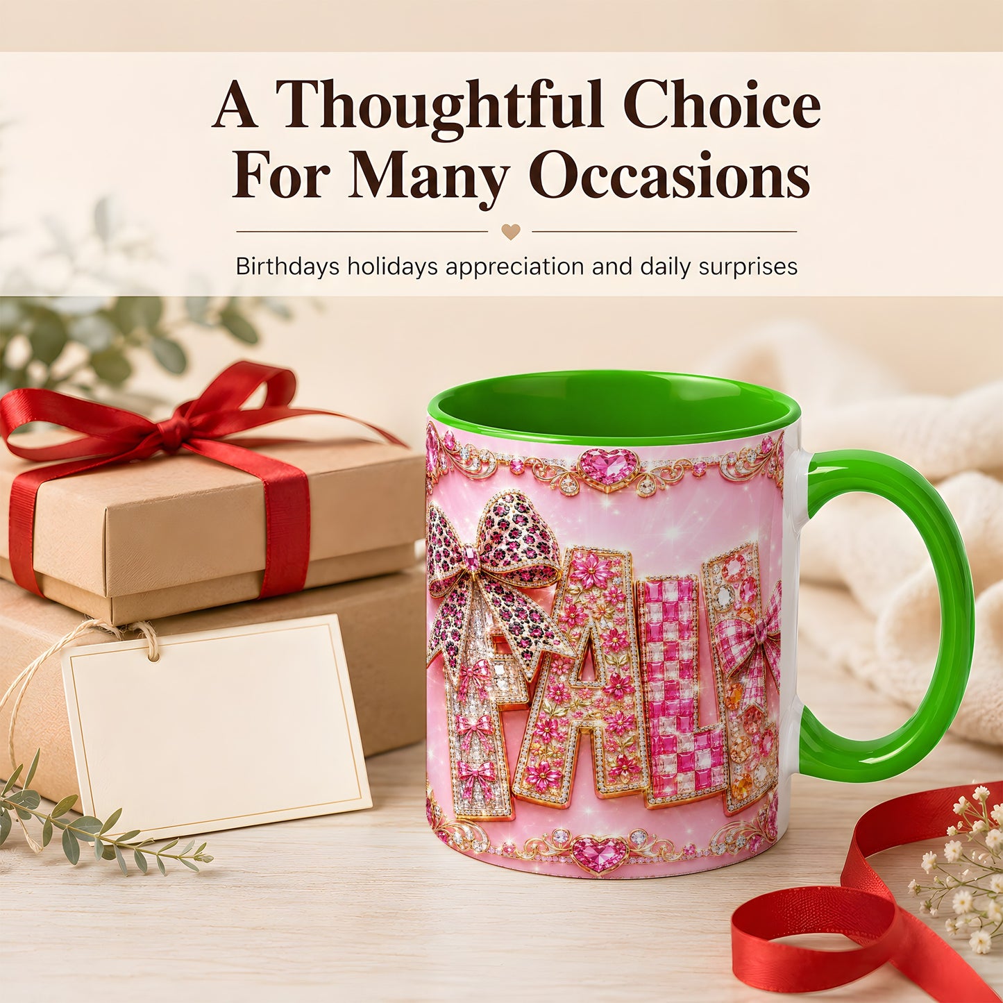 #pl[11oz|Green] Pink Gemstone Fall Coffee Mug, Bow Autumn Mug, Ceramic Cup