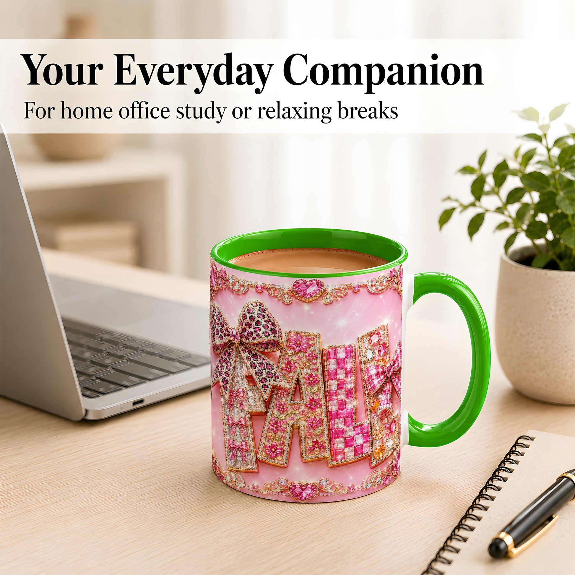 #pl[11oz|Green] Pink Gemstone Fall Coffee Mug, Bow Autumn Mug, Ceramic Cup