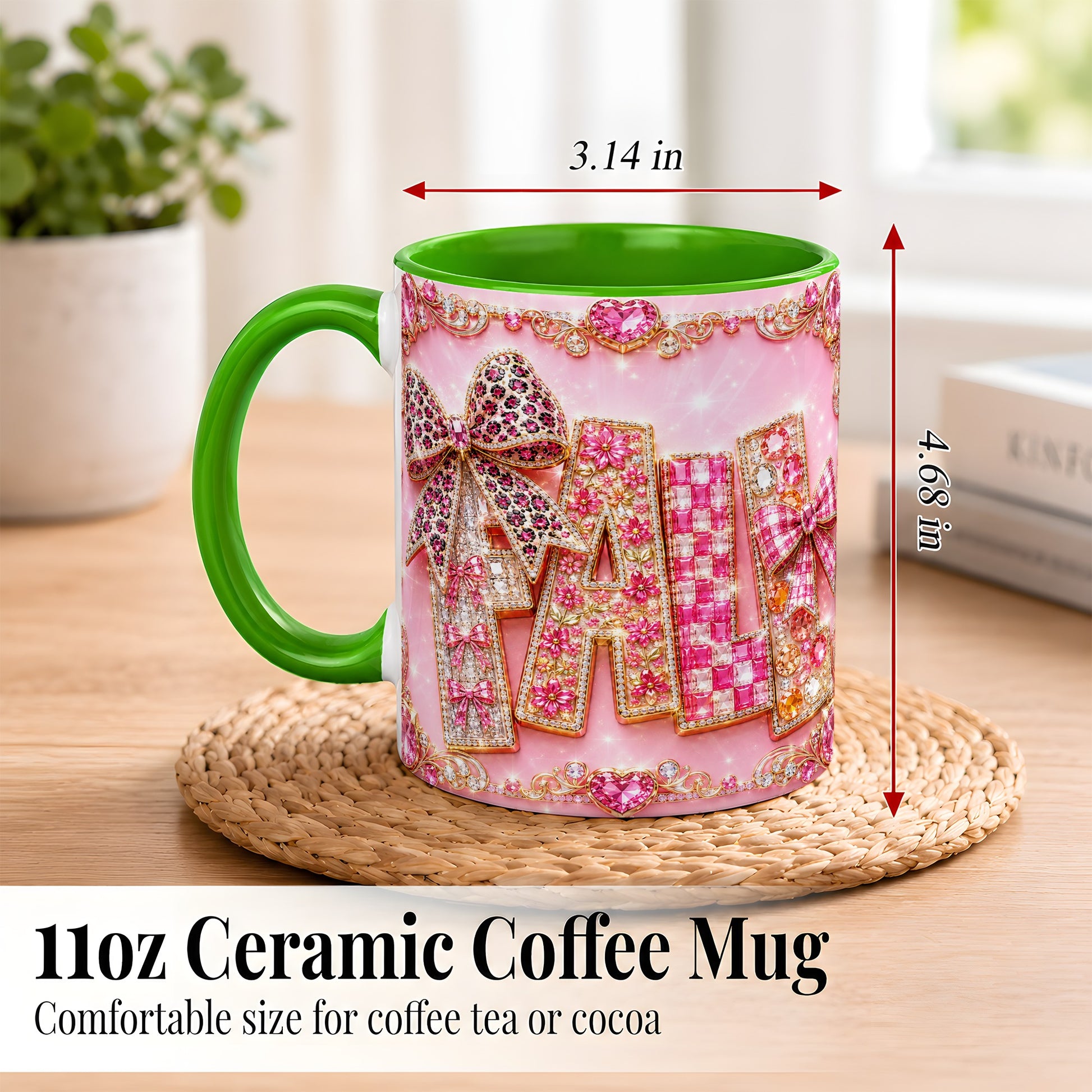 #pl[11oz|Green] Pink Gemstone Fall Coffee Mug, Bow Autumn Mug, Ceramic Cup
