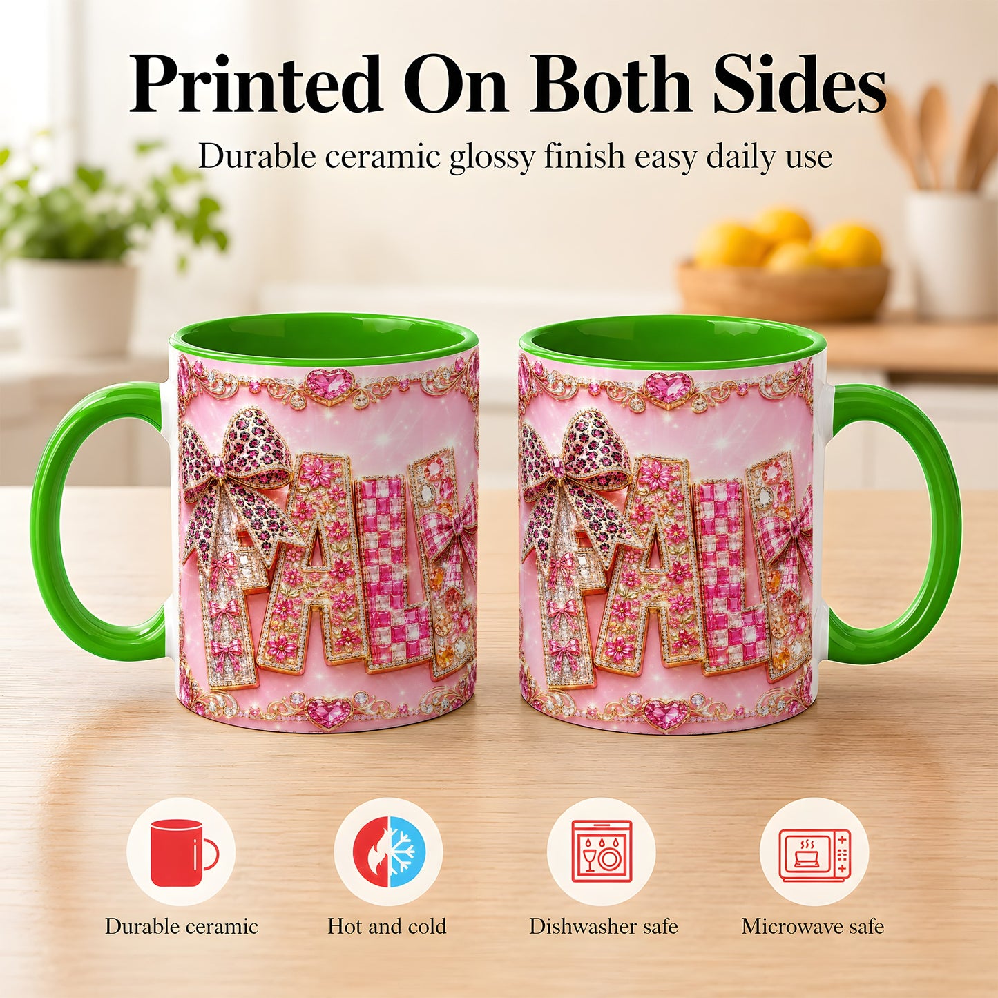 #pl[11oz|Green] Pink Gemstone Fall Coffee Mug, Bow Autumn Mug, Ceramic Cup
