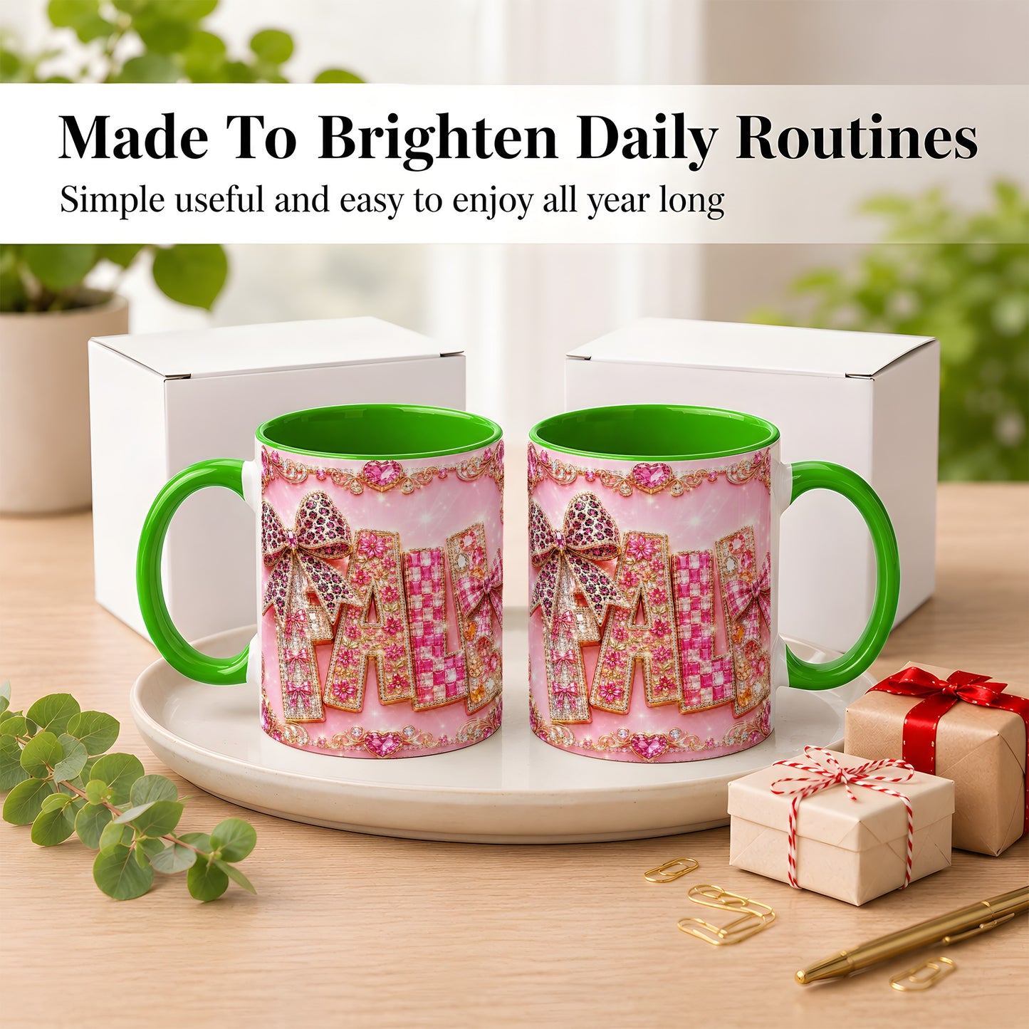 #pl[11oz|Green] Pink Gemstone Fall Coffee Mug, Bow Autumn Mug, Ceramic Cup
