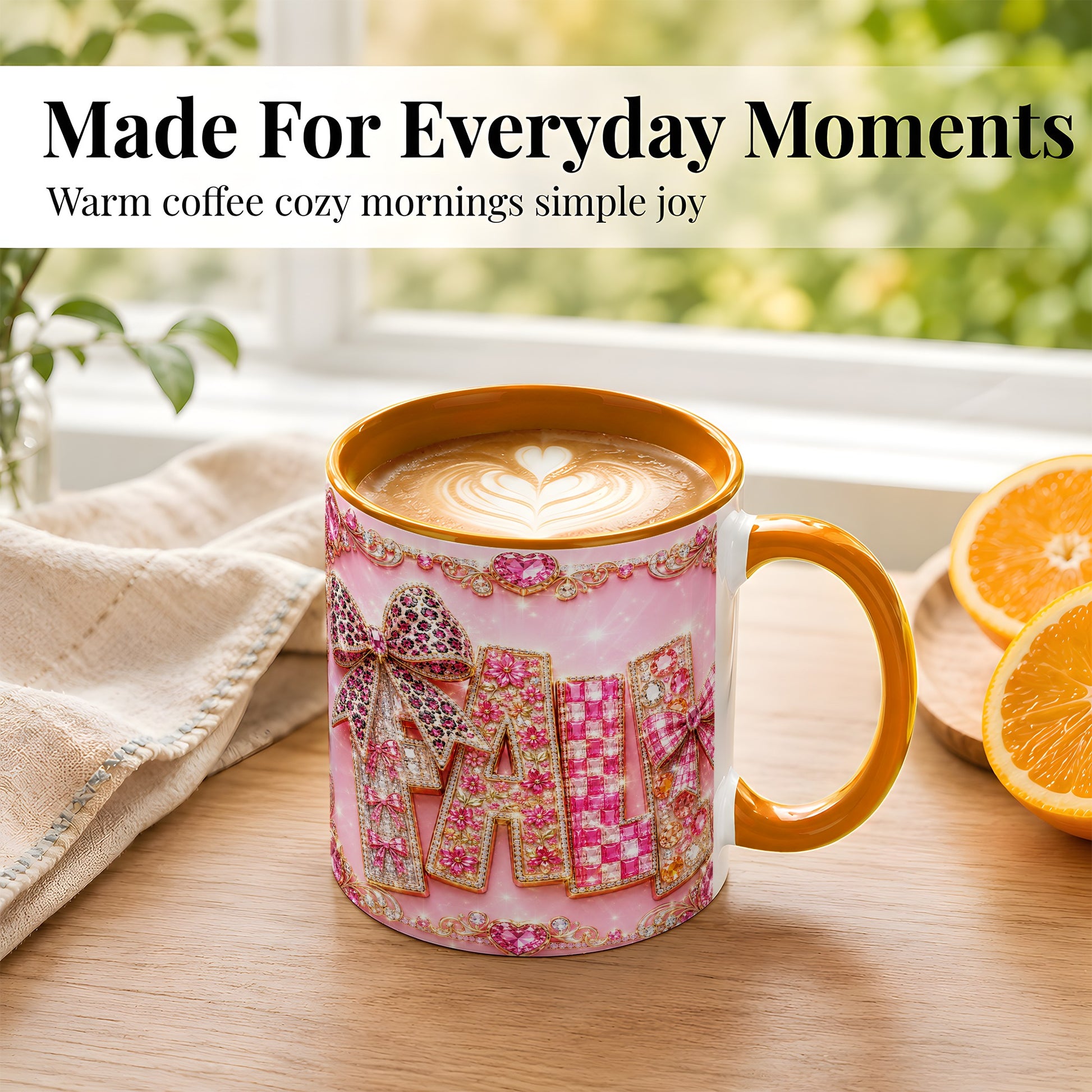 #pl[11oz|Orange] Pink Gemstone Fall Coffee Mug, Bow Autumn Mug, Ceramic Cup