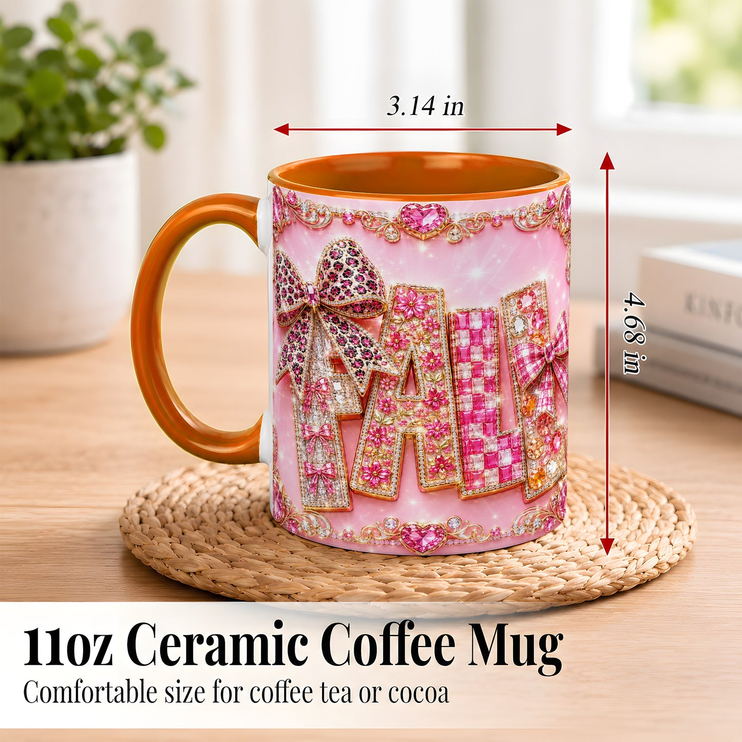 #pl[11oz|Orange] Pink Gemstone Fall Coffee Mug, Bow Autumn Mug, Ceramic Cup