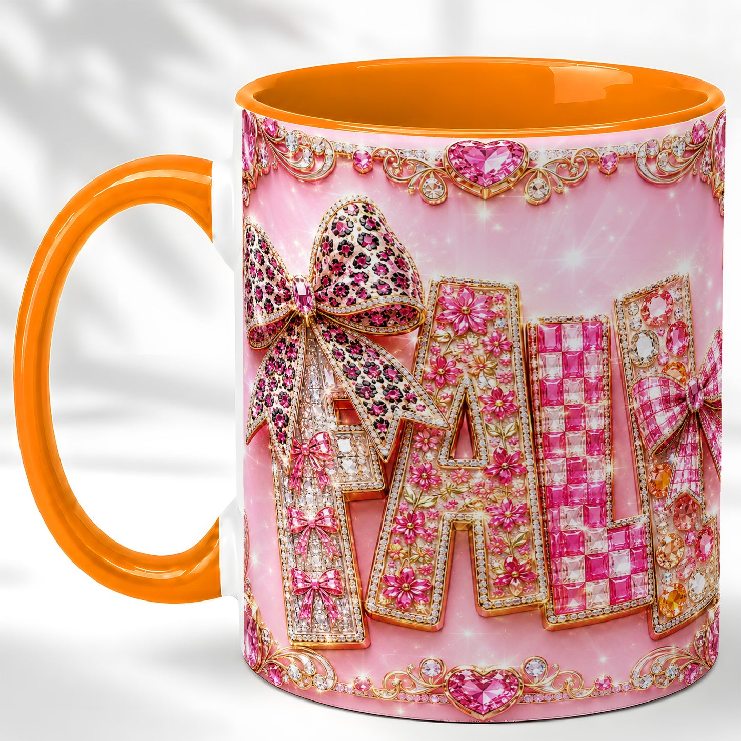 #pl[11oz|Orange] Pink Gemstone Fall Coffee Mug, Bow Autumn Mug, Ceramic Cup