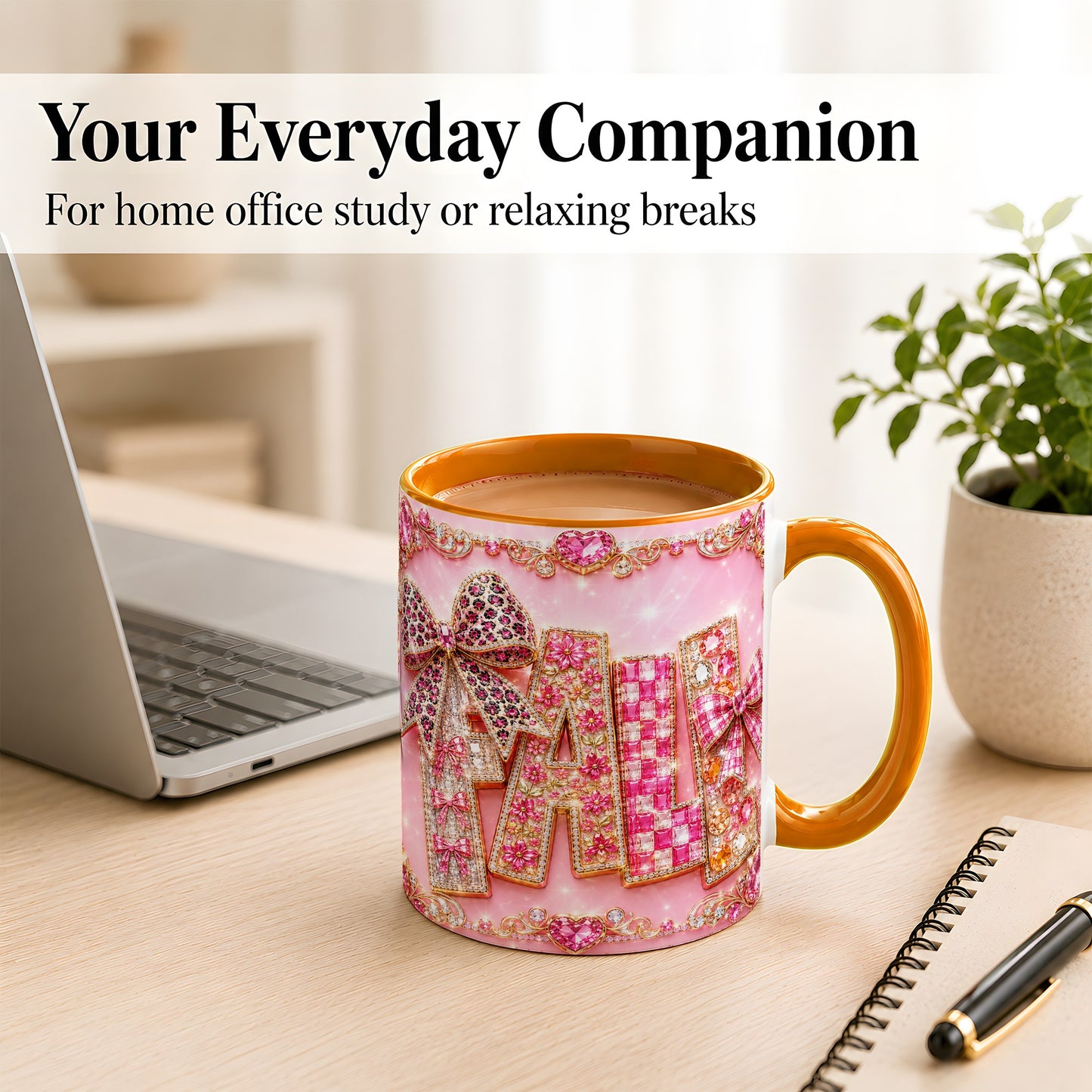#pl[11oz|Orange] Pink Gemstone Fall Coffee Mug, Bow Autumn Mug, Ceramic Cup