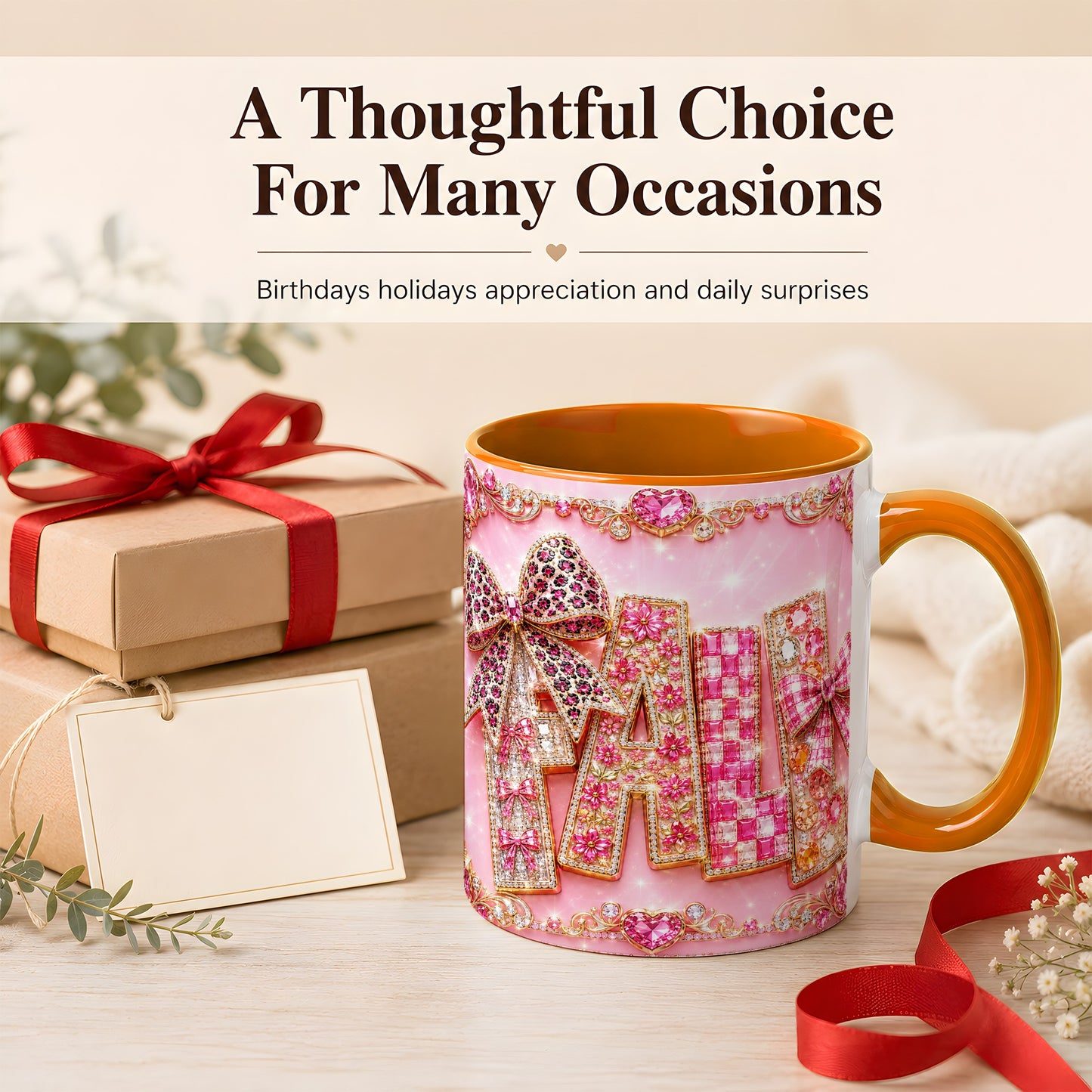 #pl[11oz|Orange] Pink Gemstone Fall Coffee Mug, Bow Autumn Mug, Ceramic Cup