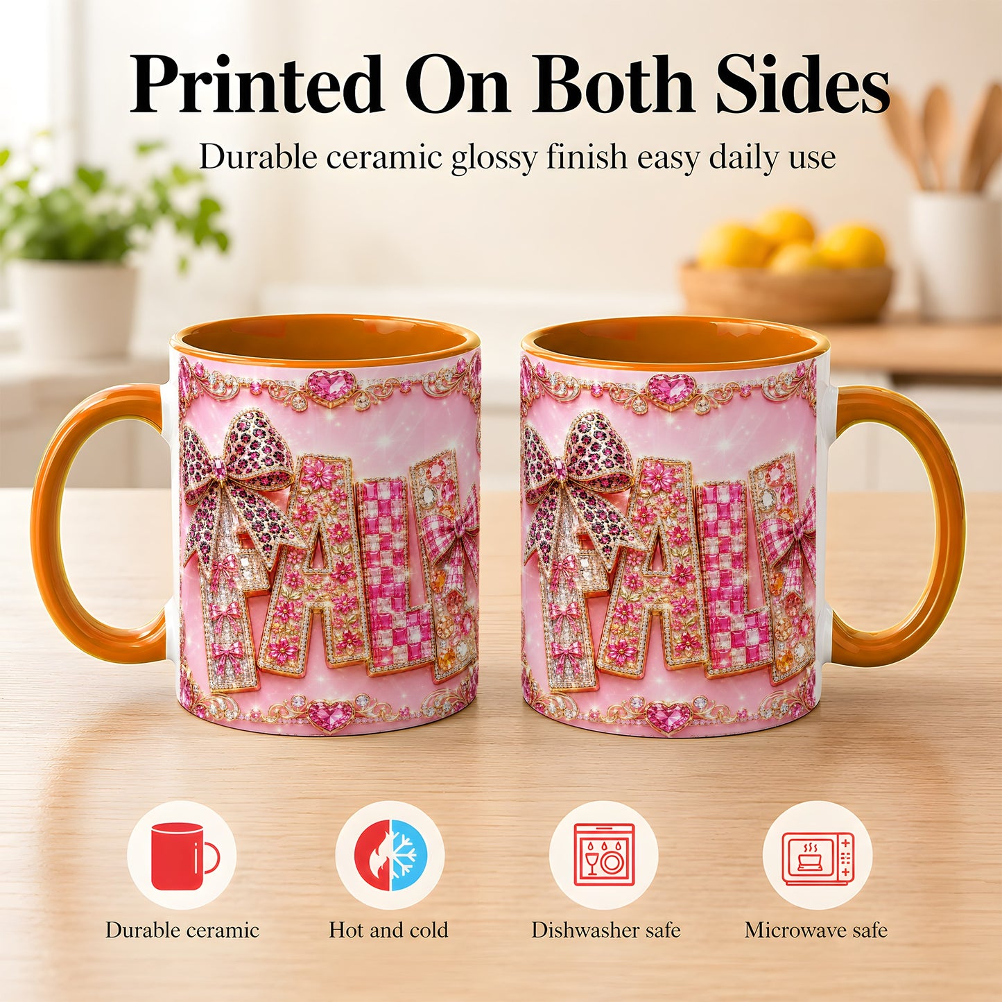 #pl[11oz|Orange] Pink Gemstone Fall Coffee Mug, Bow Autumn Mug, Ceramic Cup
