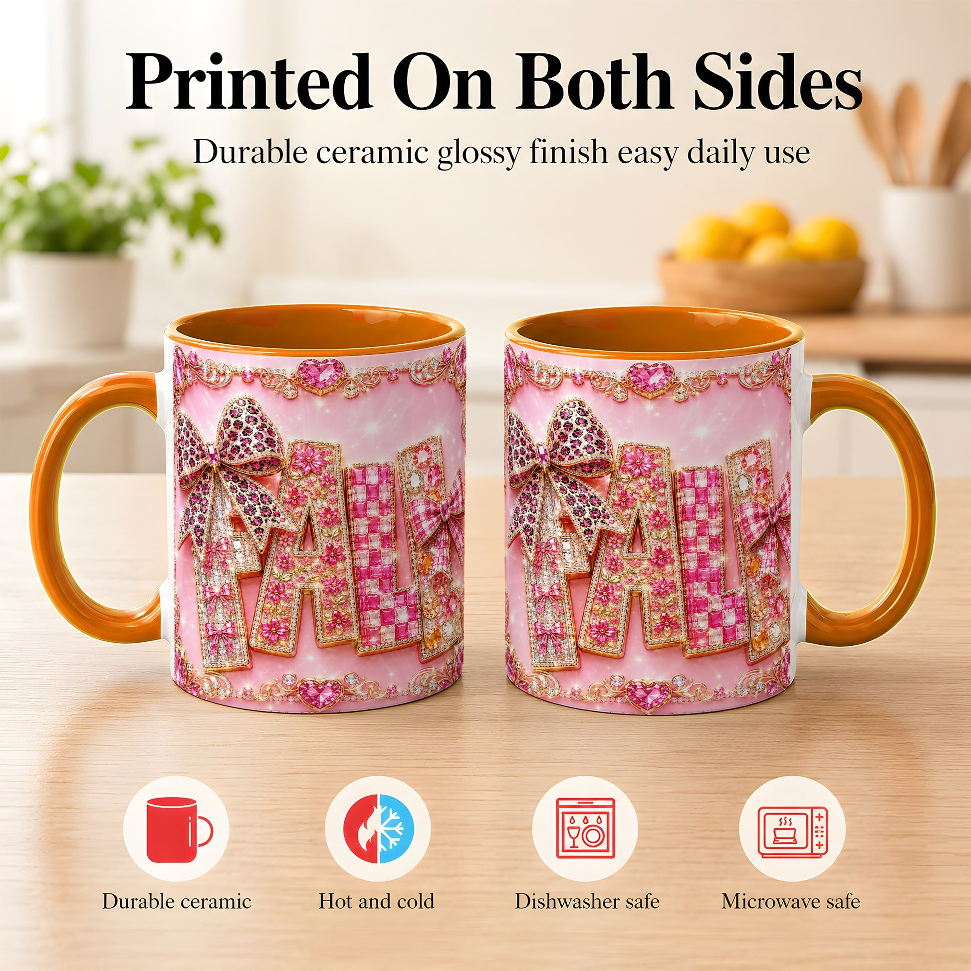 #pl[11oz|Orange] Pink Gemstone Fall Coffee Mug, Bow Autumn Mug, Ceramic Cup